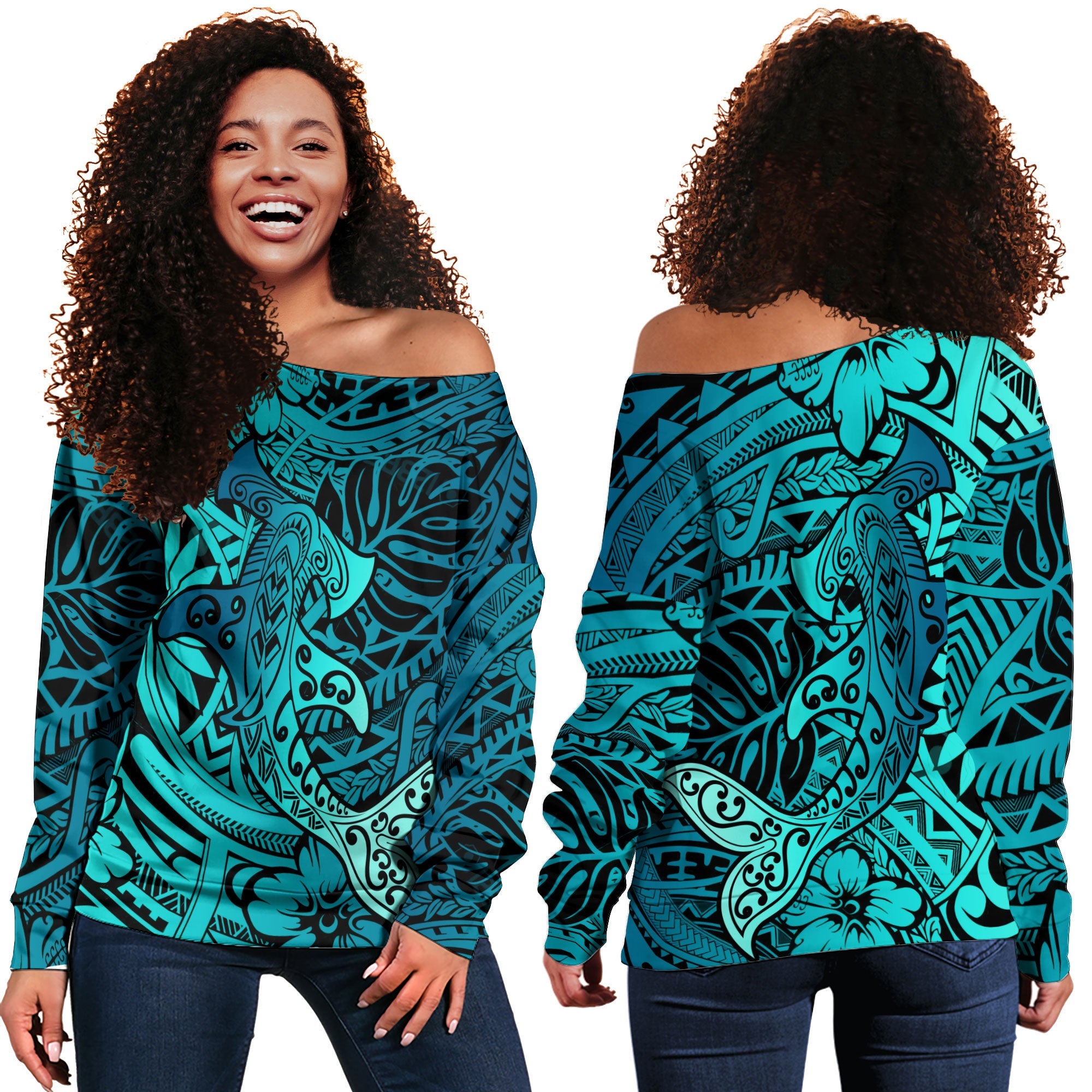 Hawaii Hammerhead Shark Women Off Shoulder Sweatshirt Light See Blue Style