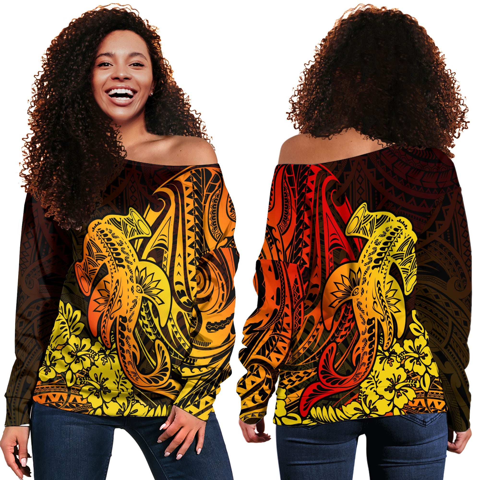 Hawaii Hammerhead Shark Women Off Shoulder Sweatshirt Reggae Style