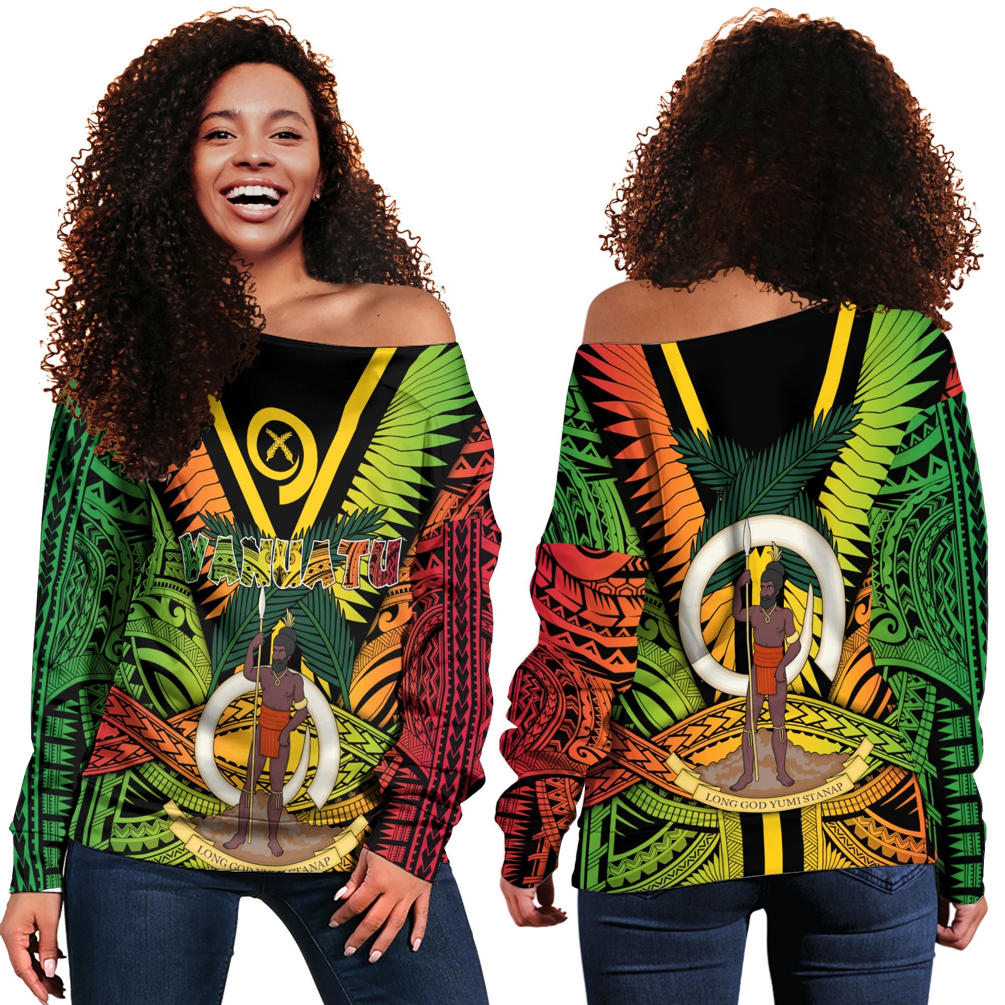 Vanuatu Women Off Shoulder Sweatshirt Coat Of Arms Reggae Style