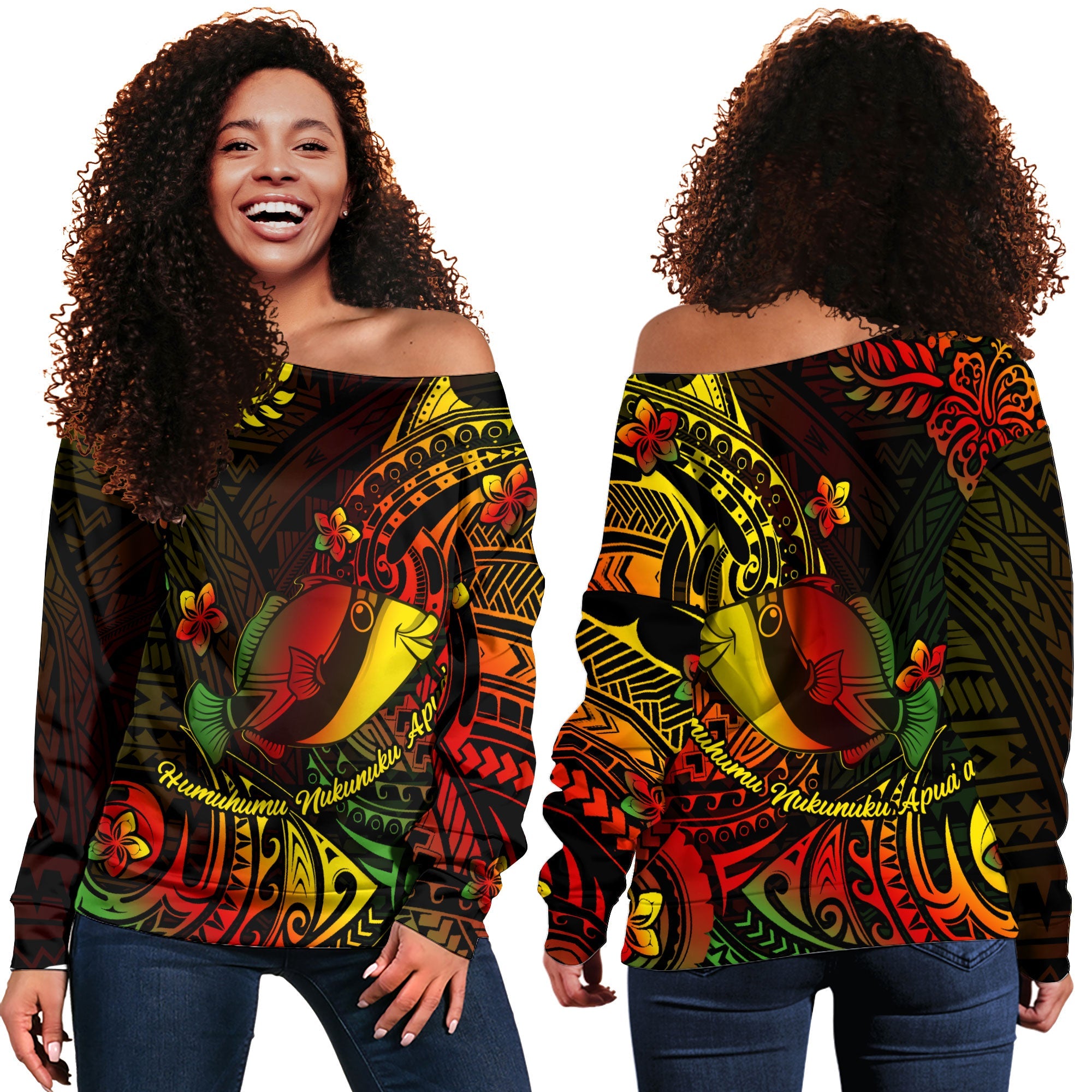 Hawaii Humuhumu Fish Women Off Shoulder Sweatshirt Reggae Style