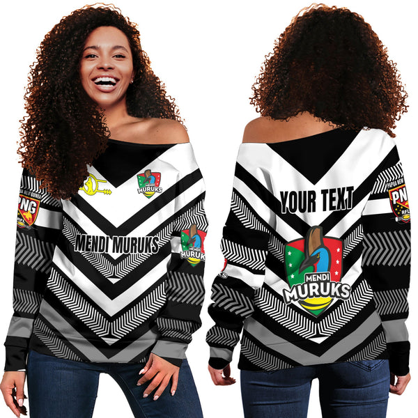 Custom Mendi Muruks Women Off Shoulder Sweatshirt Papua New Guinea Rugby Black & White Style