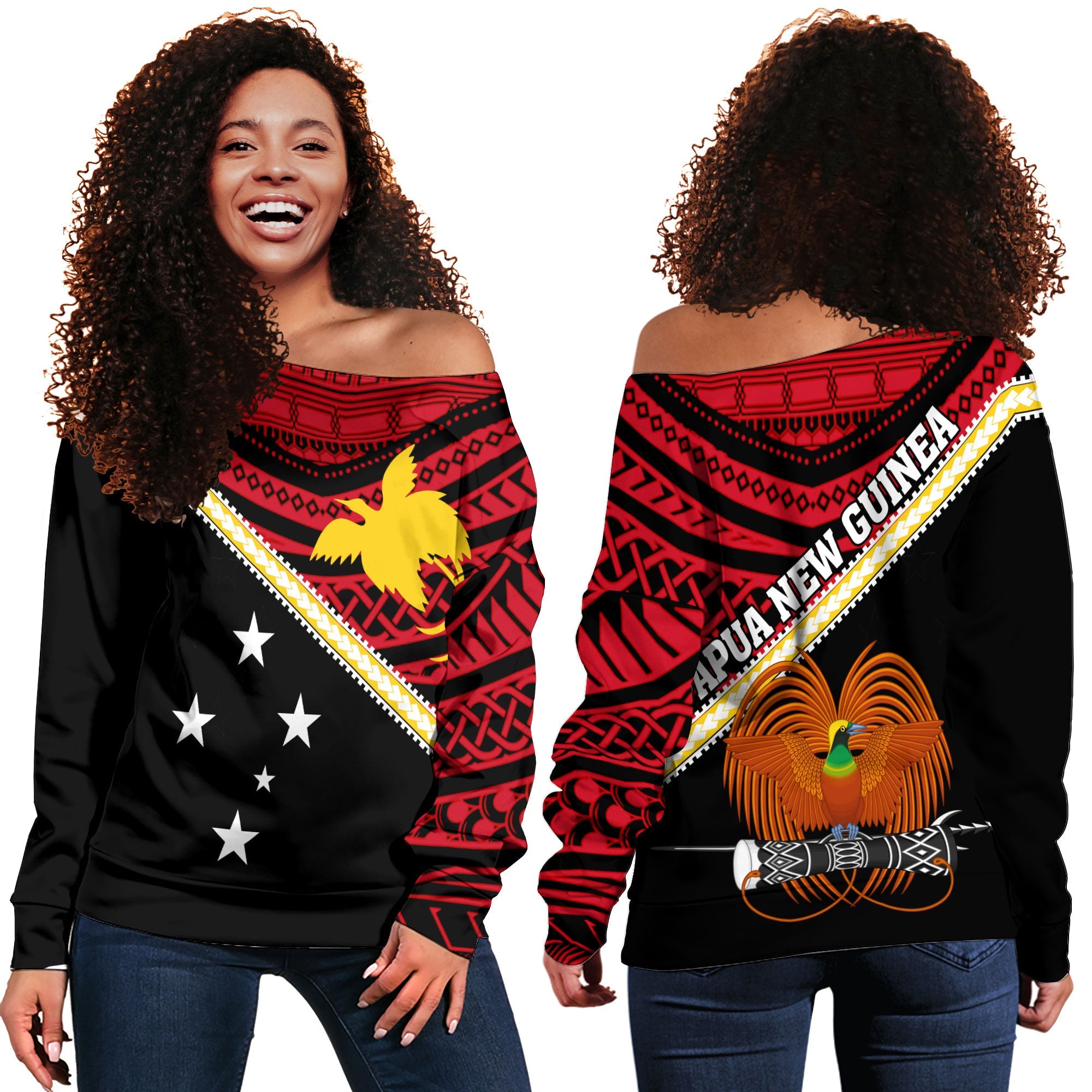 Papua New Guinea Women Off Shoulder Sweatshirt Polynesian Flag Style