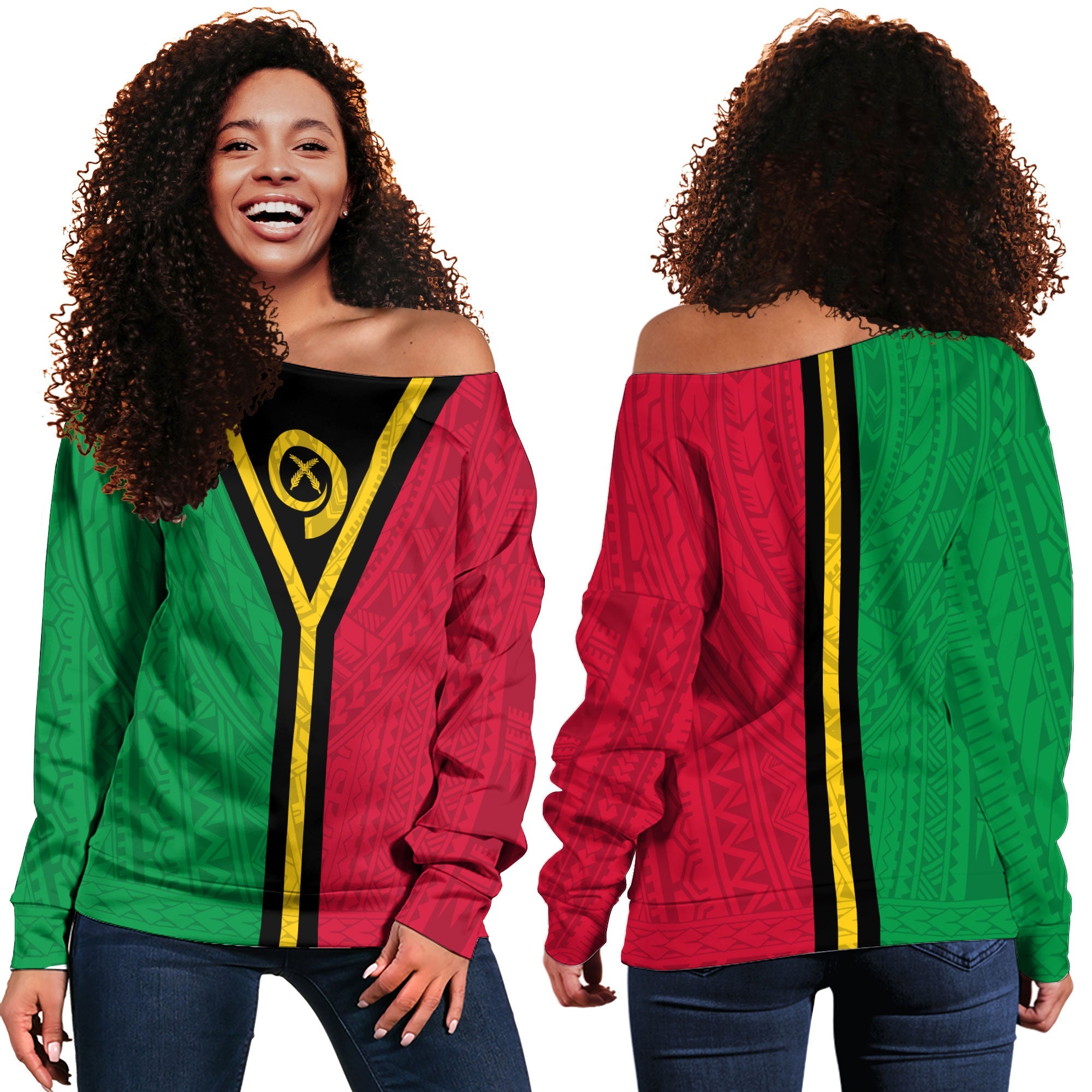 Vanuatu Women Off Shoulder Sweatshirt Polynesian Flag Style