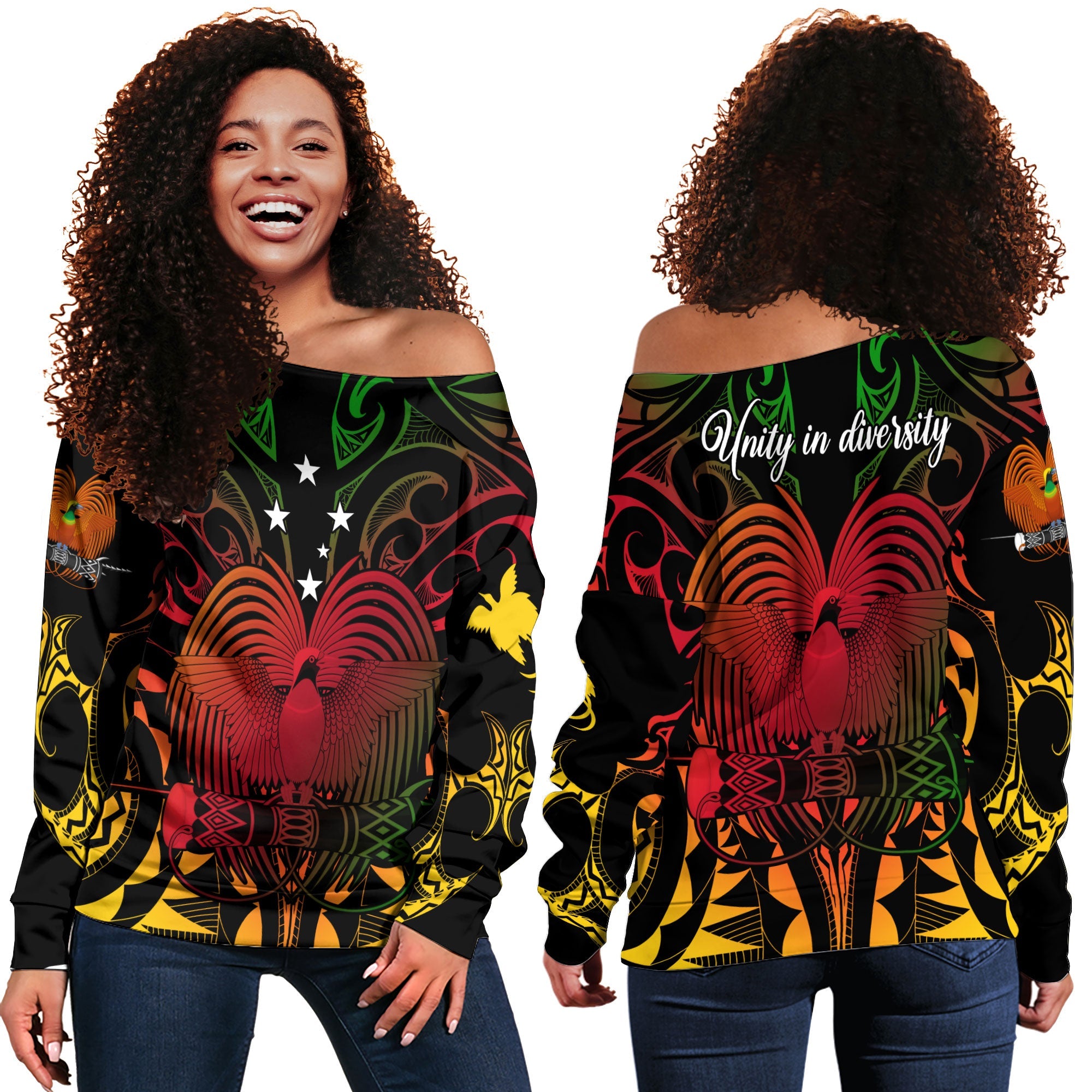 Papua New Guinea Women Off Shoulder Sweatshirt Unity In Diversity Motto