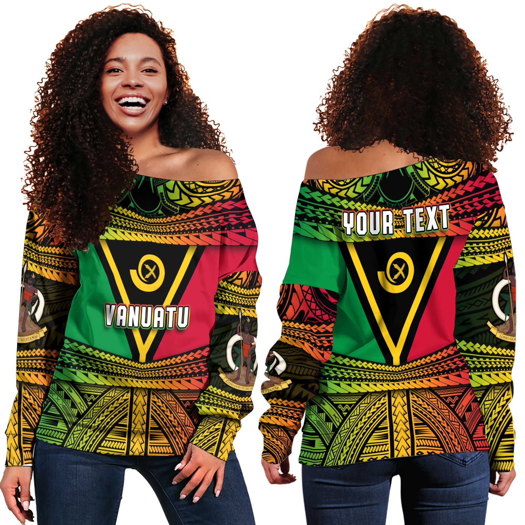 Custom Vanuatu Flag & Coat Of Arms Women Off Shoulder Sweatshirt Reggae Style