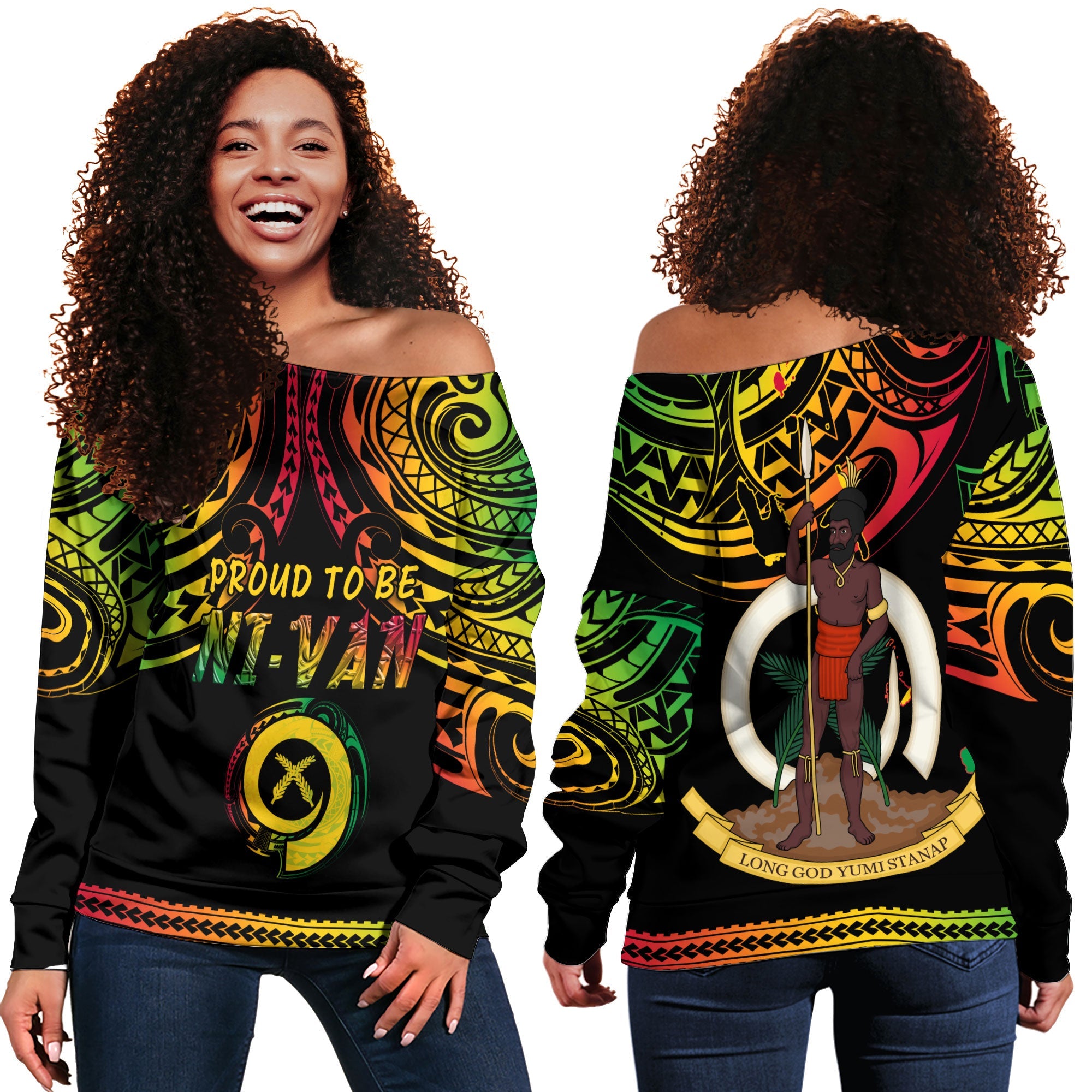 Vanuatu Proud To Be Ni-Van Women Off Shoulder Sweatshirt Coat Of Arms Reggae Style