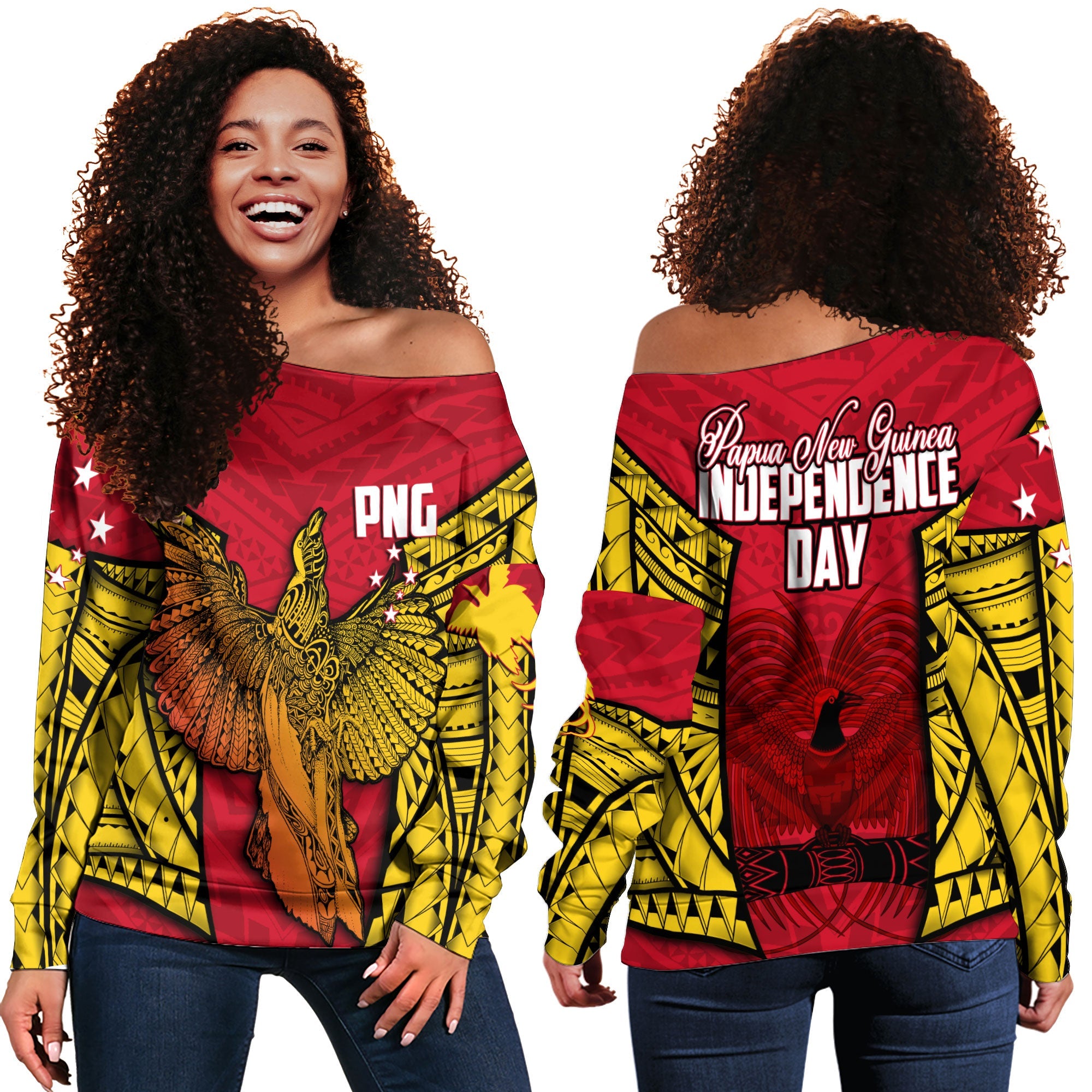 Papua New Guinea Independence Day Women Off Shoulder Sweatshirt Raggiana Bird of Paradise Style