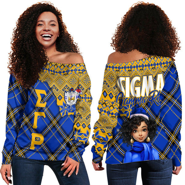 Sorority Sweatshirt - Christmas Sigma Gamma Rho Girl Women Off Shoulder Sweatshirt Plaid Background Style