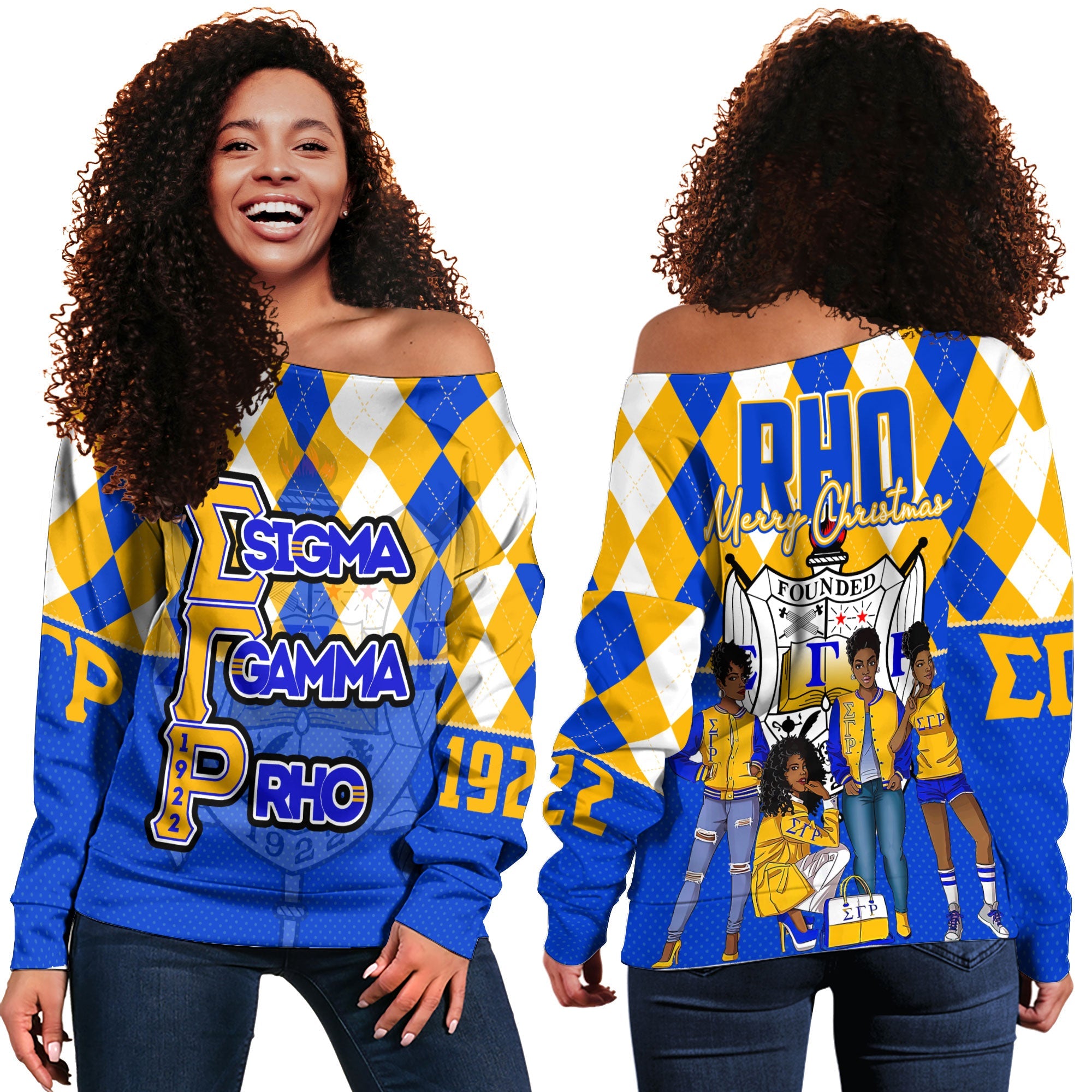 Sorority Sweatshirt - Christmas Sigma Gamma Rho Girl Women Off Shoulder Sweatshirt Rhombus Pattern Style