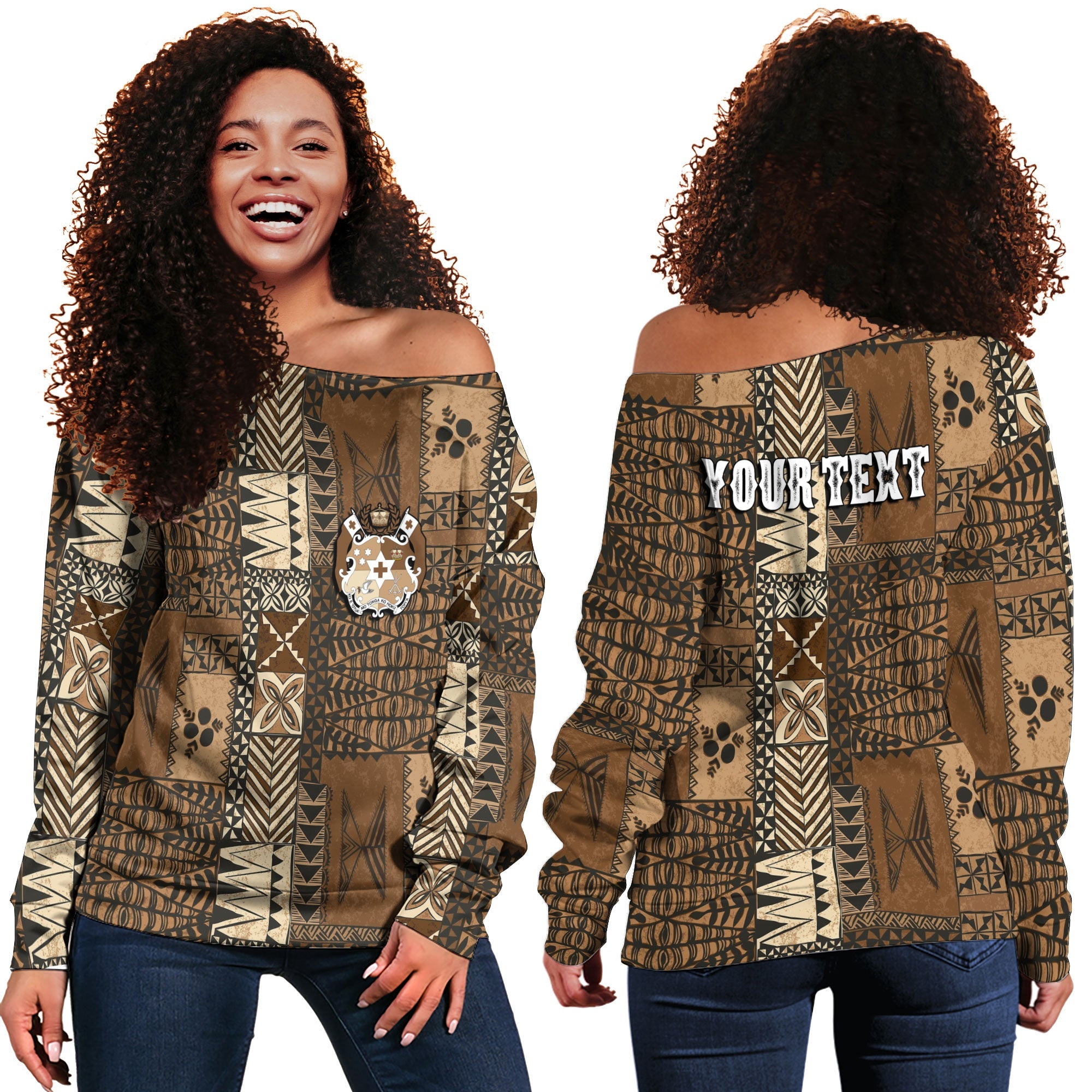 Custom Tonga Women Off Shoulder Sweatshirt Ngatu Tapa Style