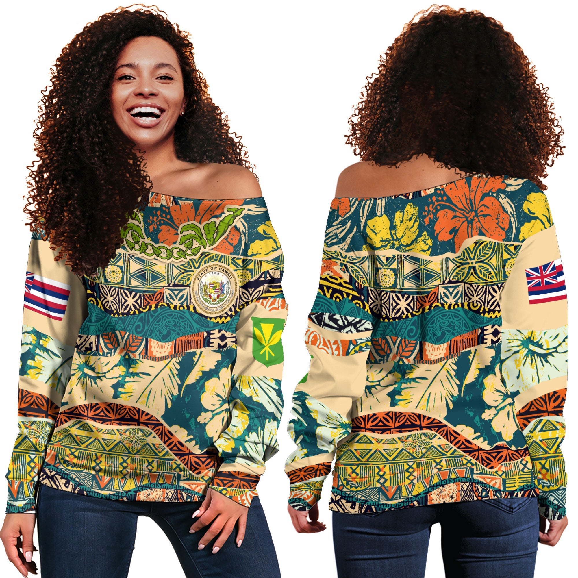 Hawaii Flag Women Off Shoulder Sweatshirt Coat Of Arm Style