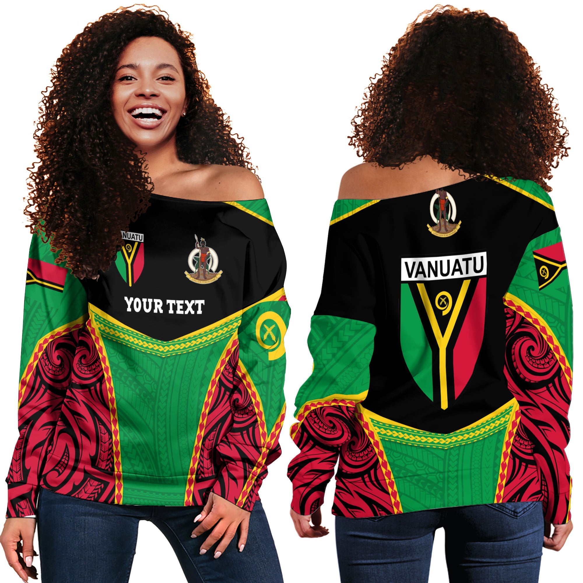 Custom Vanuatu Flag & Coat Of Arms Women Off Shoulder Sweatshirt Black Style