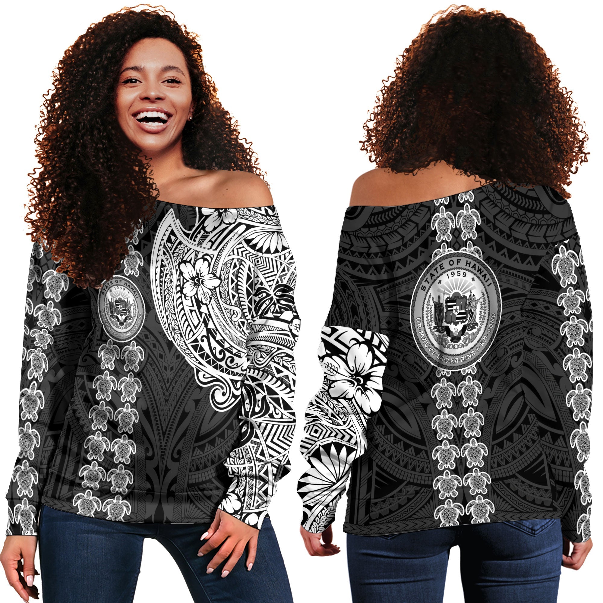 Hawaii Seal Polynesian Turtle Line Women Off Shoulder Sweatshirt