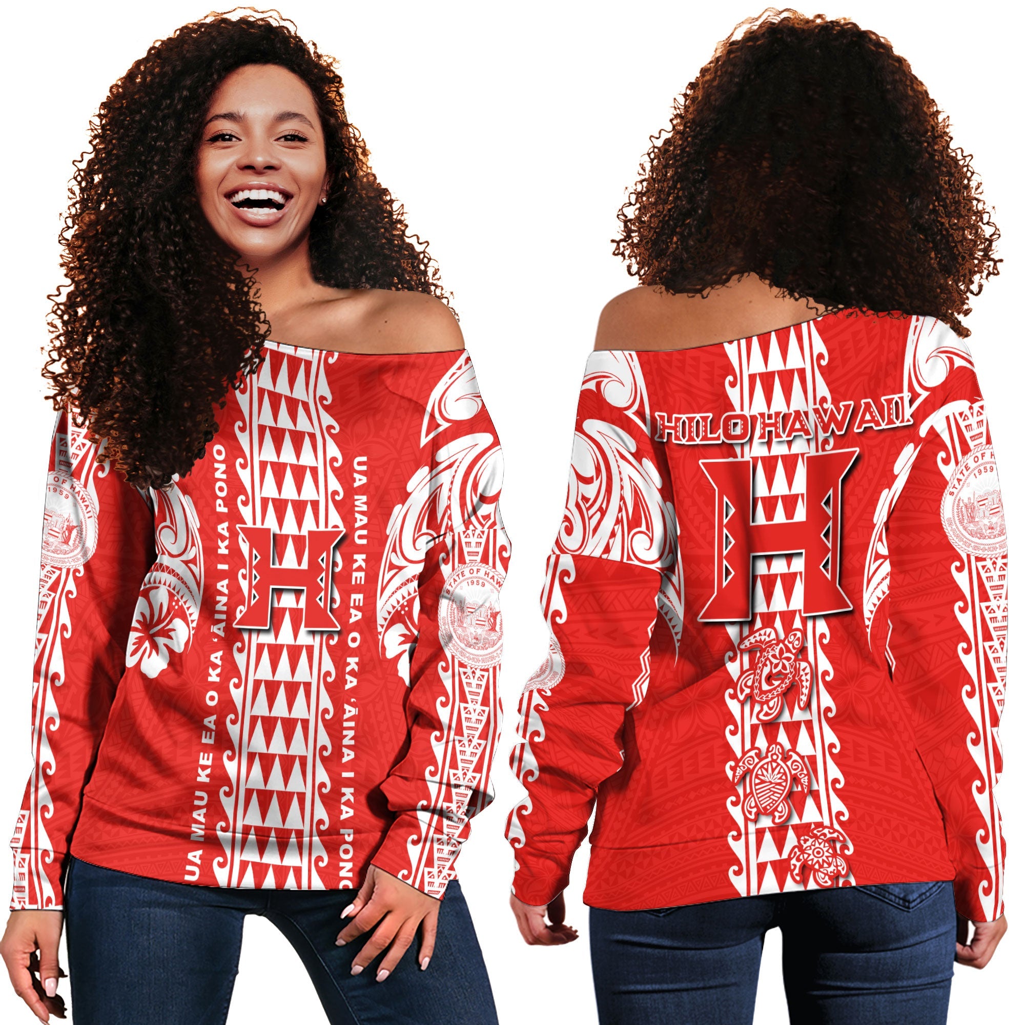 Hilo Hawaii Seal Women Off Shoulder Sweatshirt Turtle Style