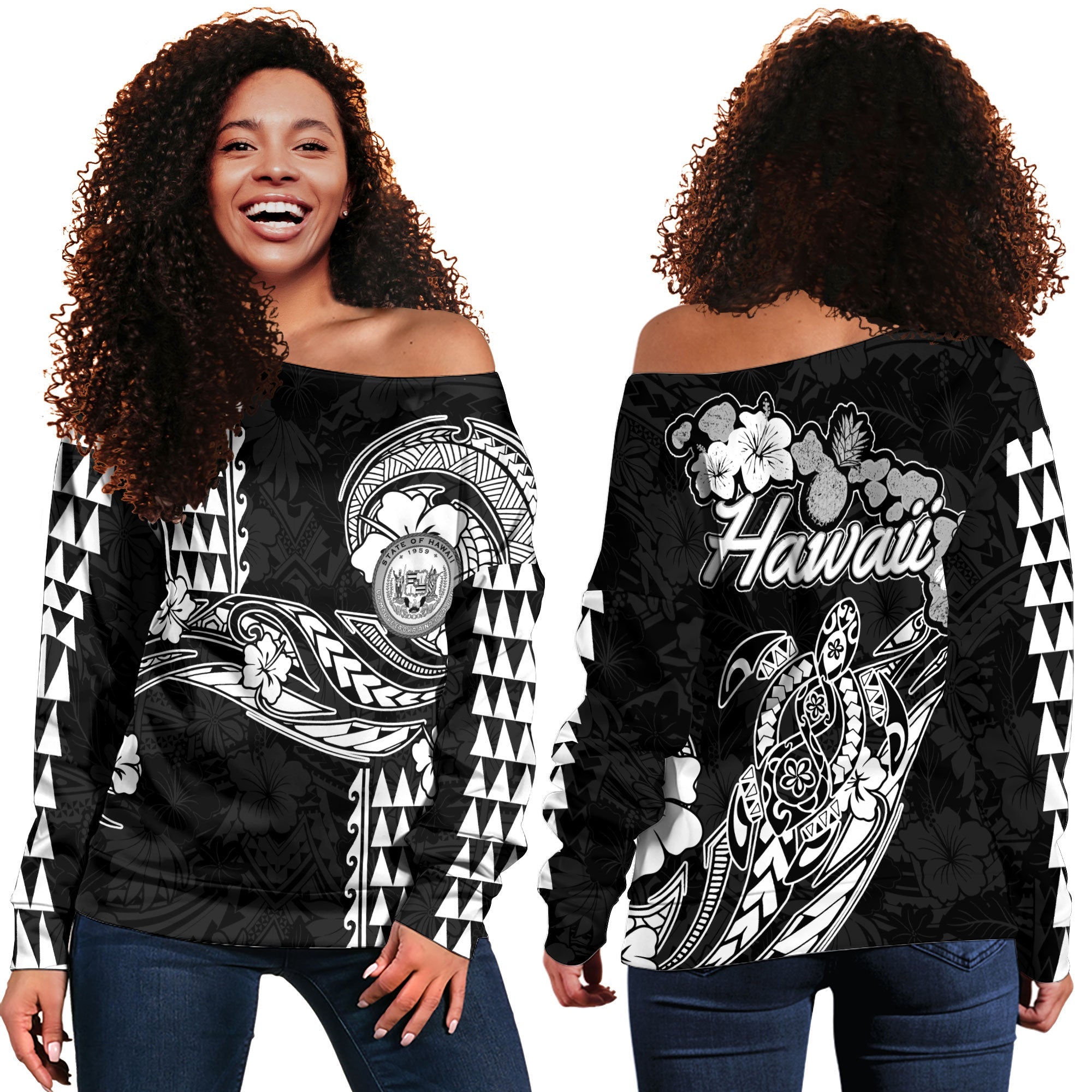 Hawaii Seal Women Off Shoulder Sweatshirt Turtle & Map Style