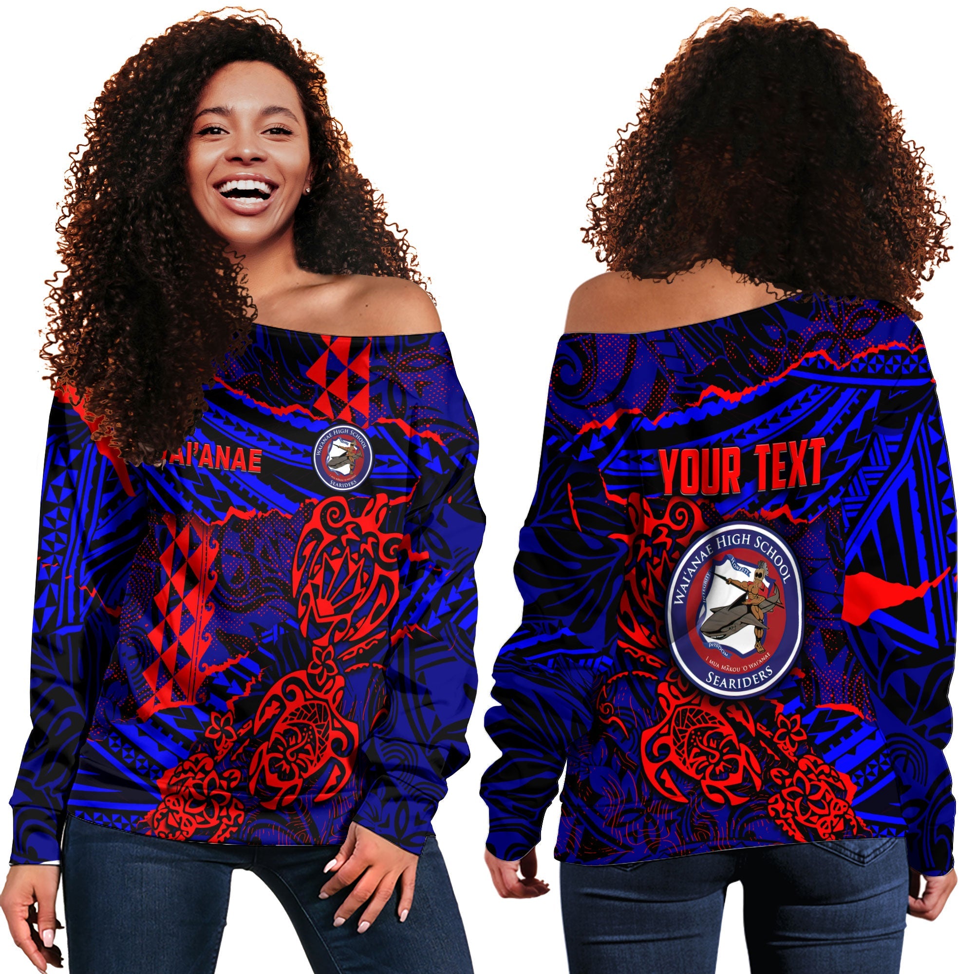 Hawaii Waianae High School Custom Women Off Shoulder Sweatshirt Polynesian Turtle Style