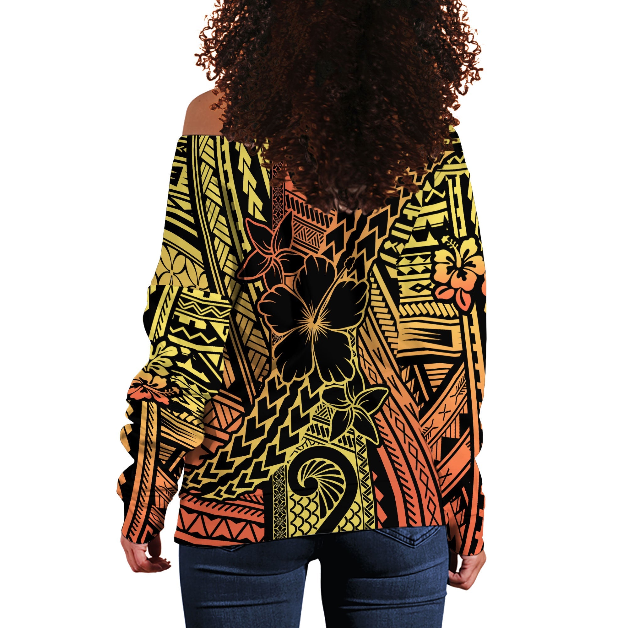 Hawaiian Reggae Women Off Shoulder Sweatshirt Polynesian Hibiscus Style