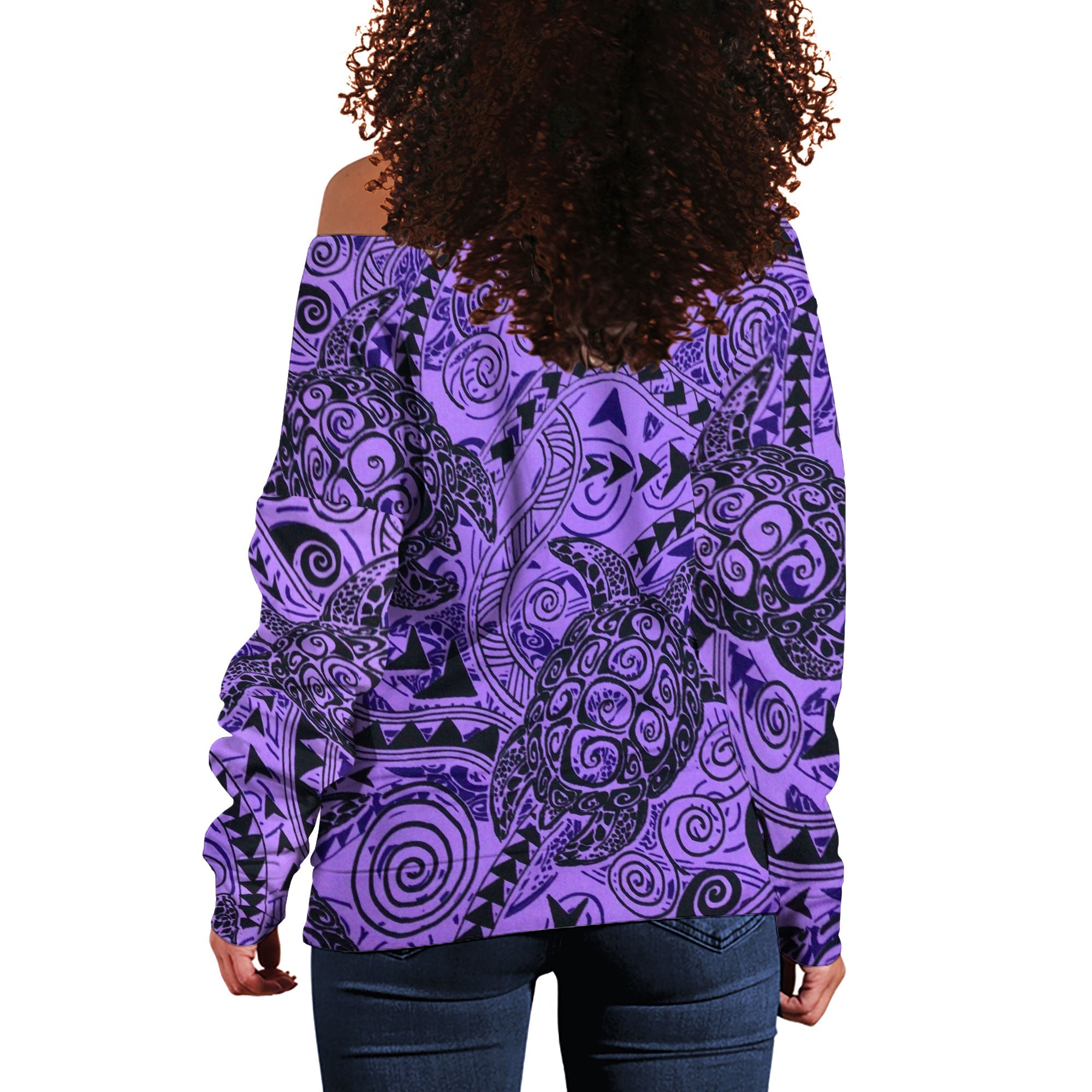 Hawaii Polynesian Turtle Women Off Shoulder Sweatshirt Purple Style