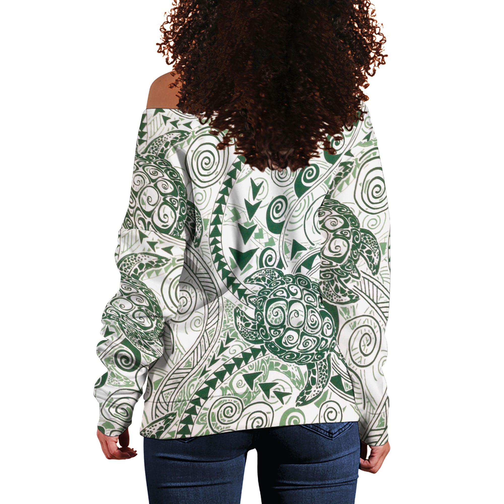 Hawaii Polynesian Turtle Women Off Shoulder Sweatshirt Green Style