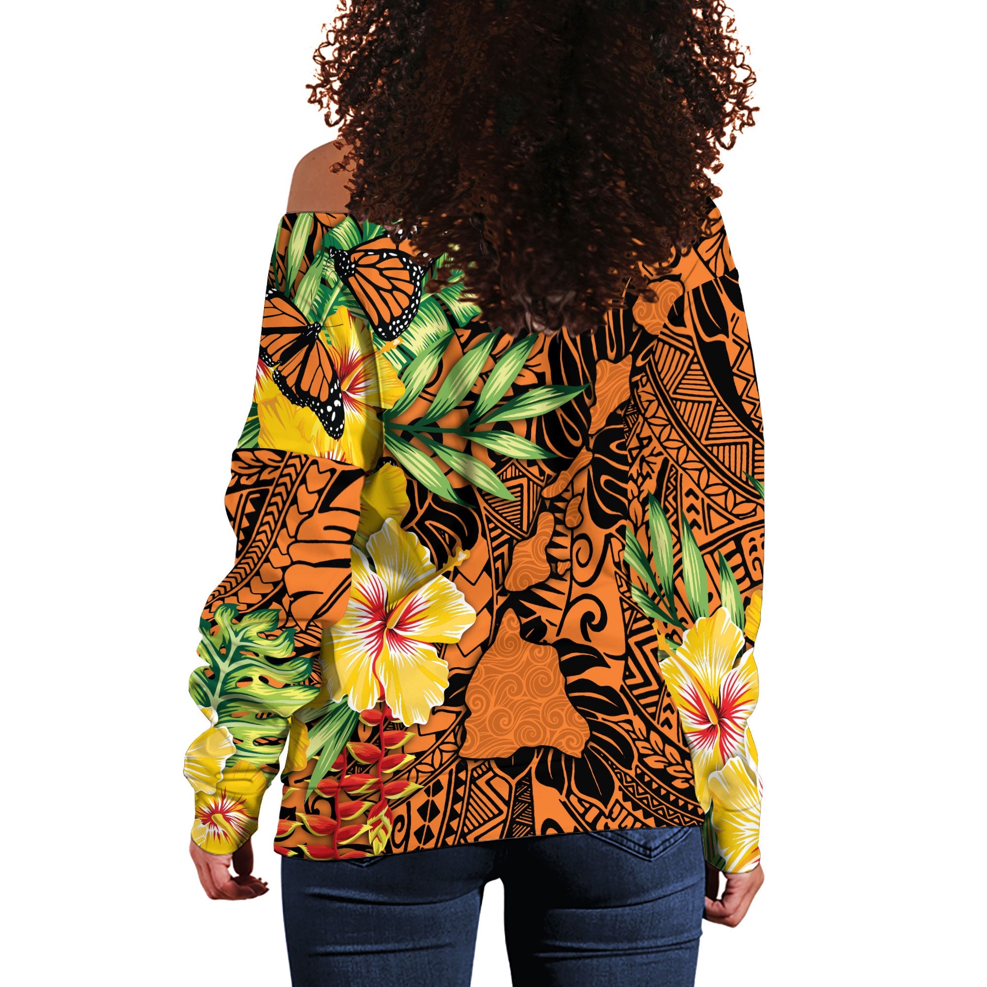 Hawaii Women Off Shoulder Sweatshirt Kamehameha Butterfly Tropical Style