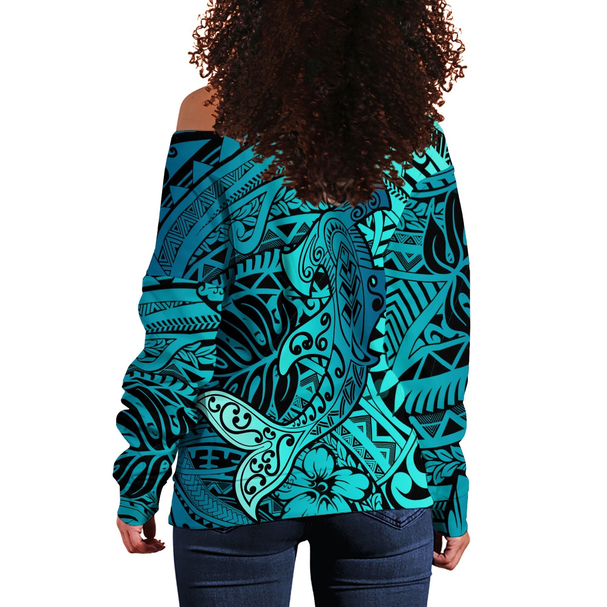 Hawaii Hammerhead Shark Women Off Shoulder Sweatshirt Light See Blue Style