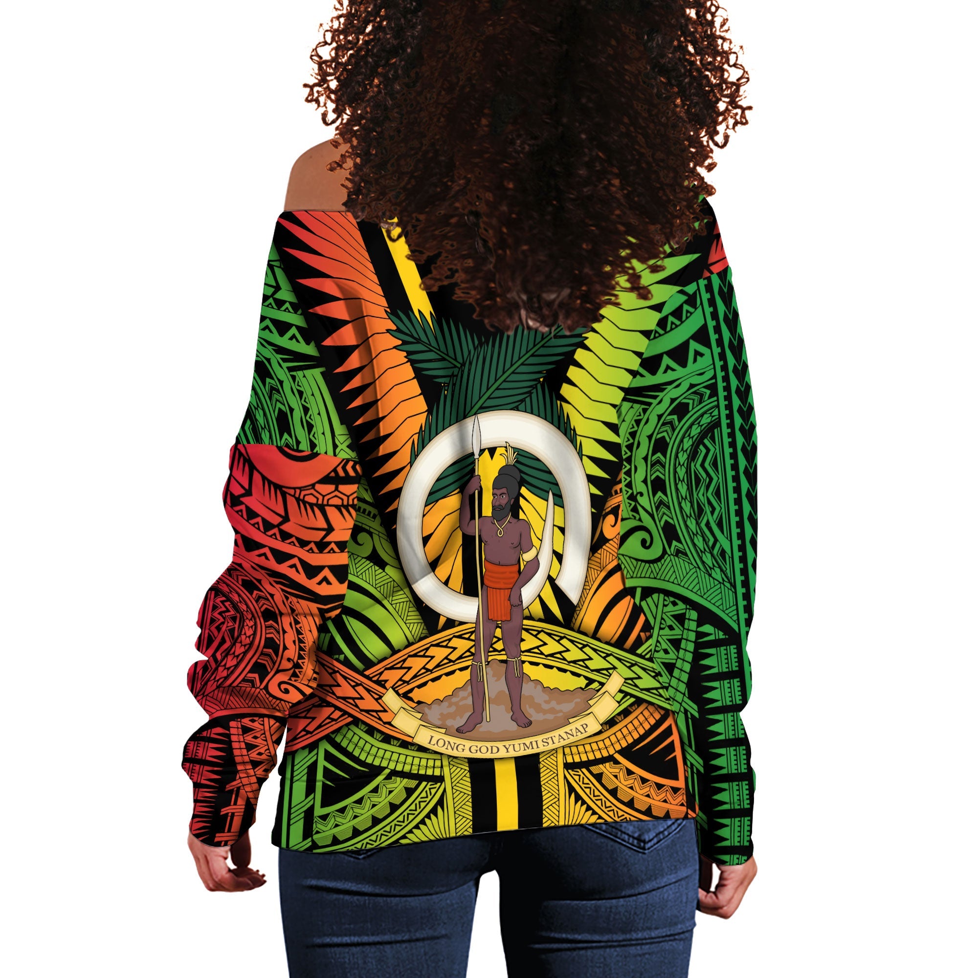 Vanuatu Women Off Shoulder Sweatshirt Coat Of Arms Reggae Style