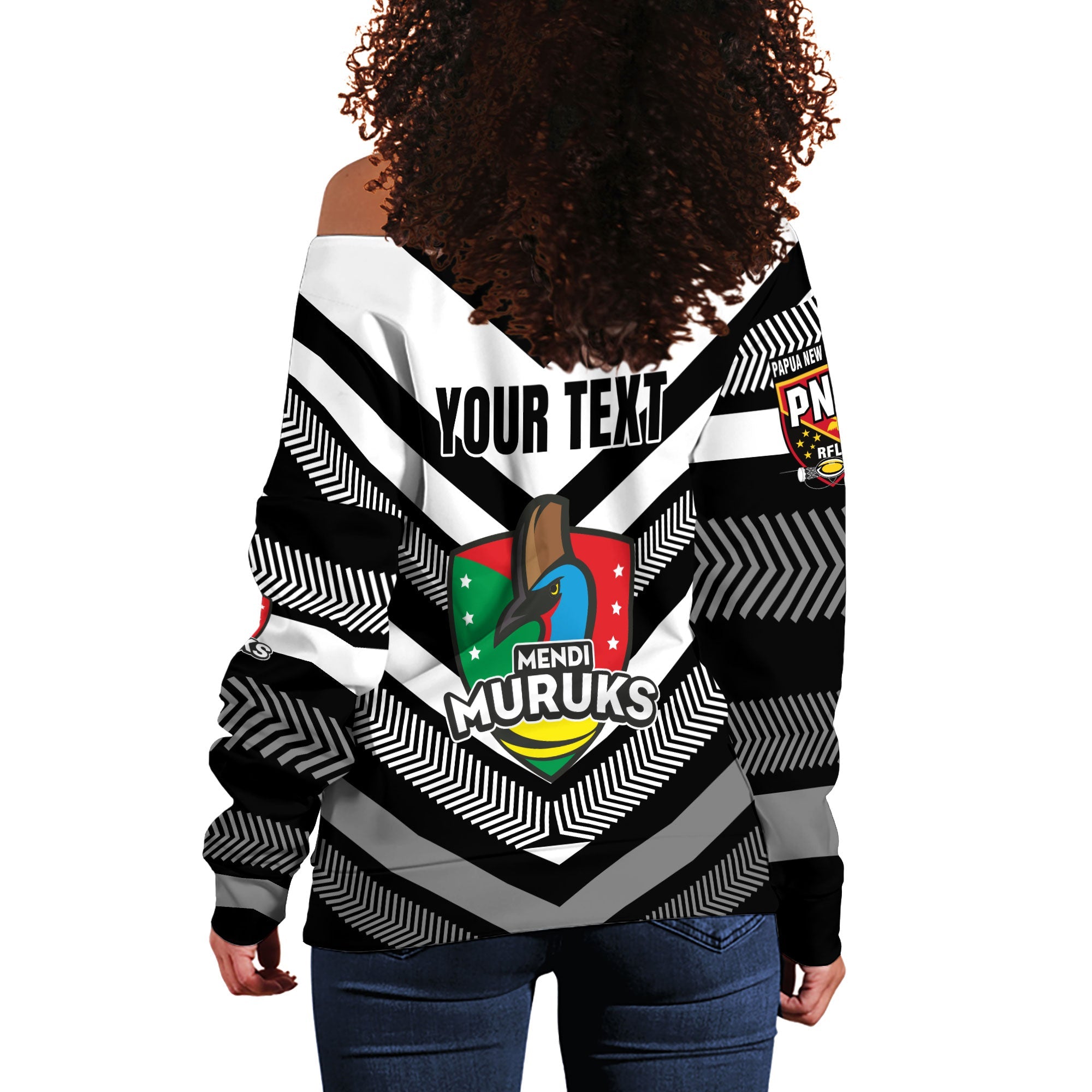 Custom Mendi Muruks Women Off Shoulder Sweatshirt Papua New Guinea Rugby Black & White Style