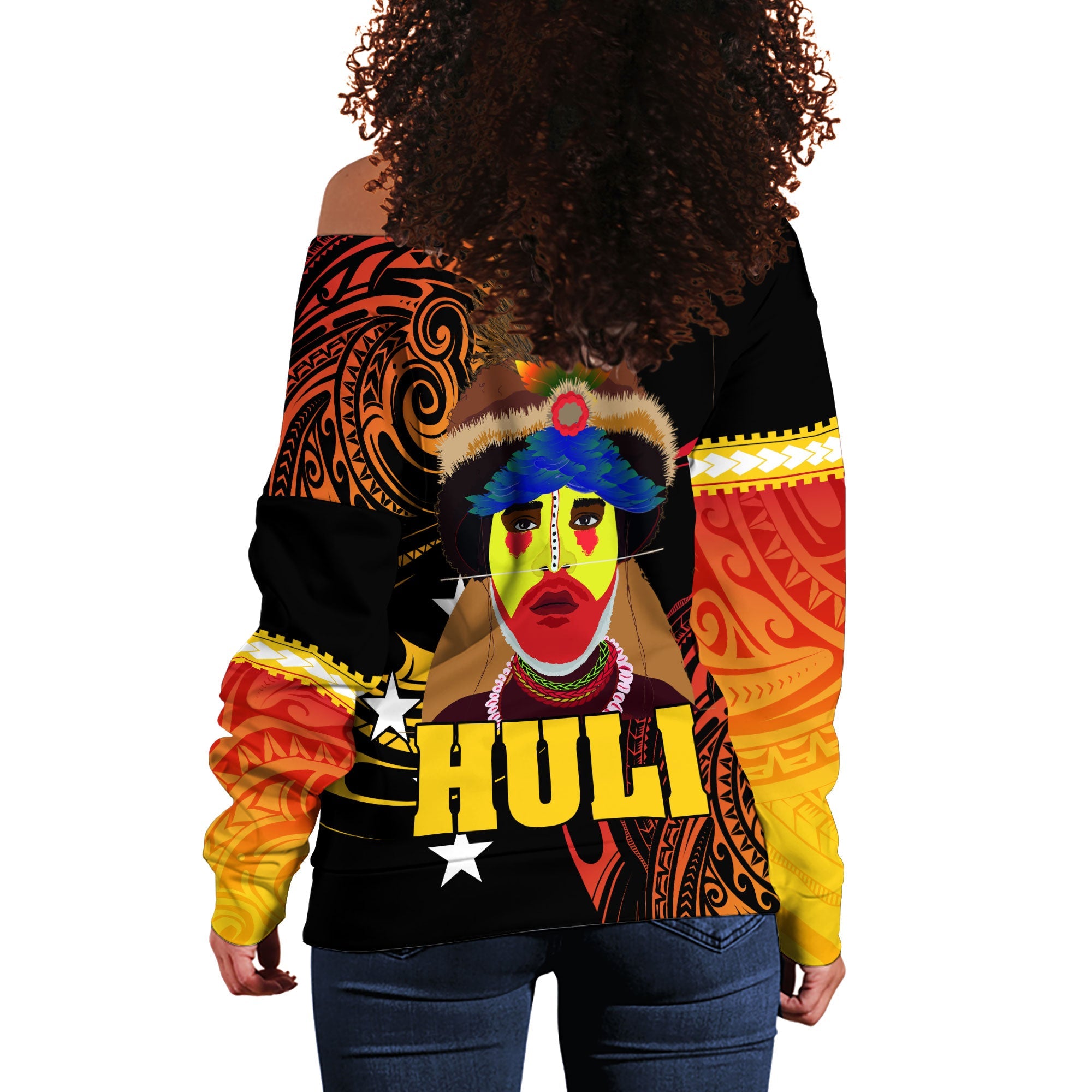 Papua New Guinea Women Off Shoulder Sweatshirt Huli Wigmen Style