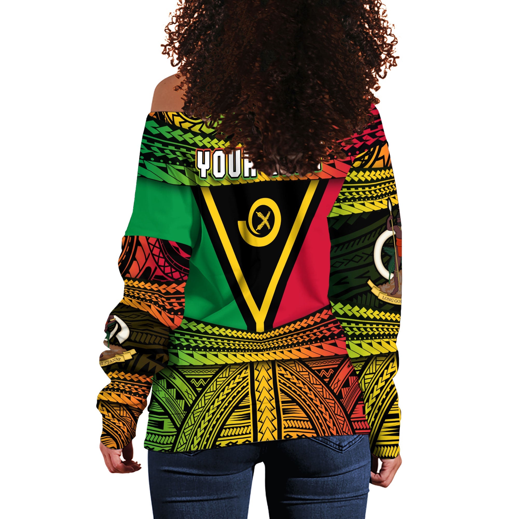 Custom Vanuatu Flag & Coat Of Arms Women Off Shoulder Sweatshirt Reggae Style