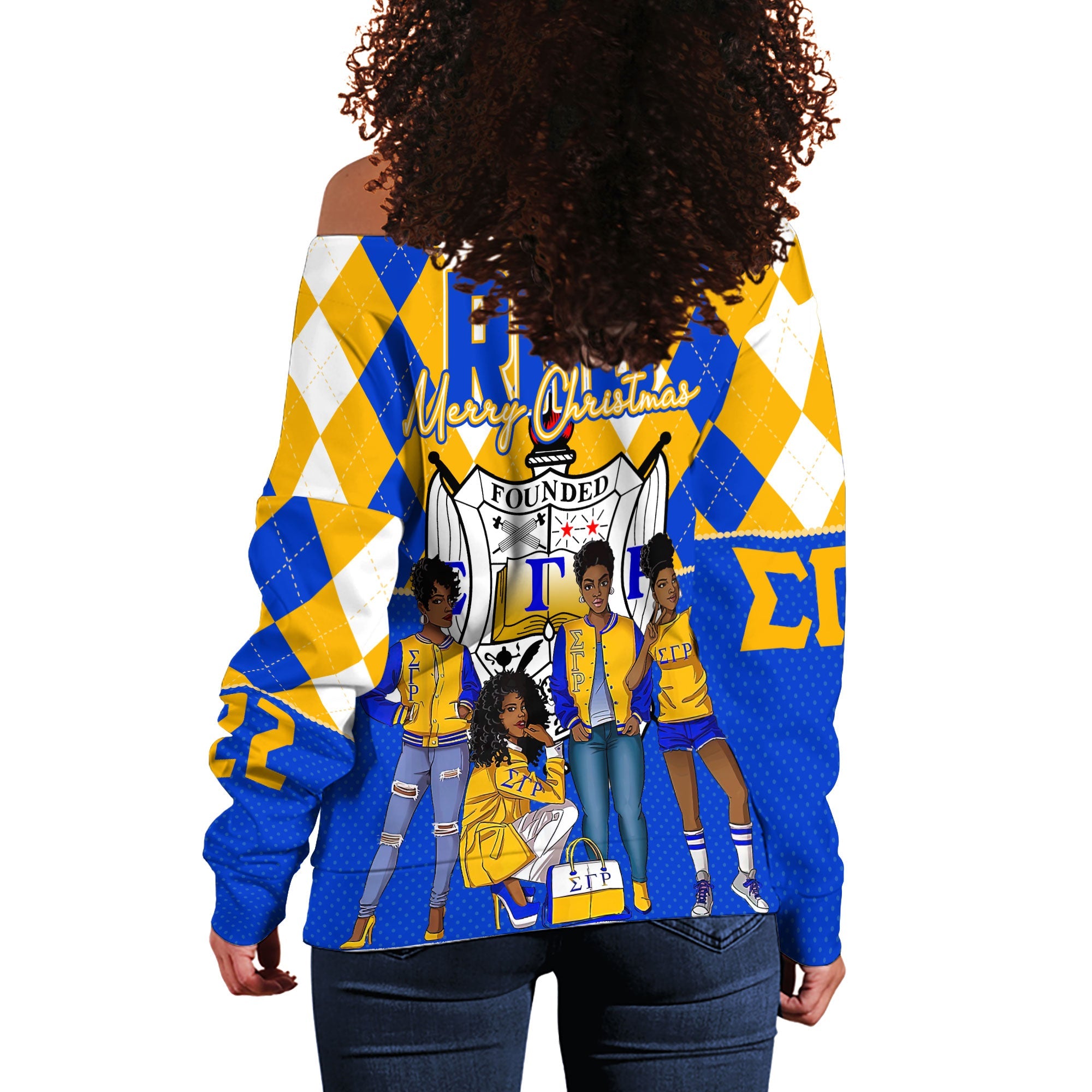 Sorority Sweatshirt - Christmas Sigma Gamma Rho Girl Women Off Shoulder Sweatshirt Rhombus Pattern Style