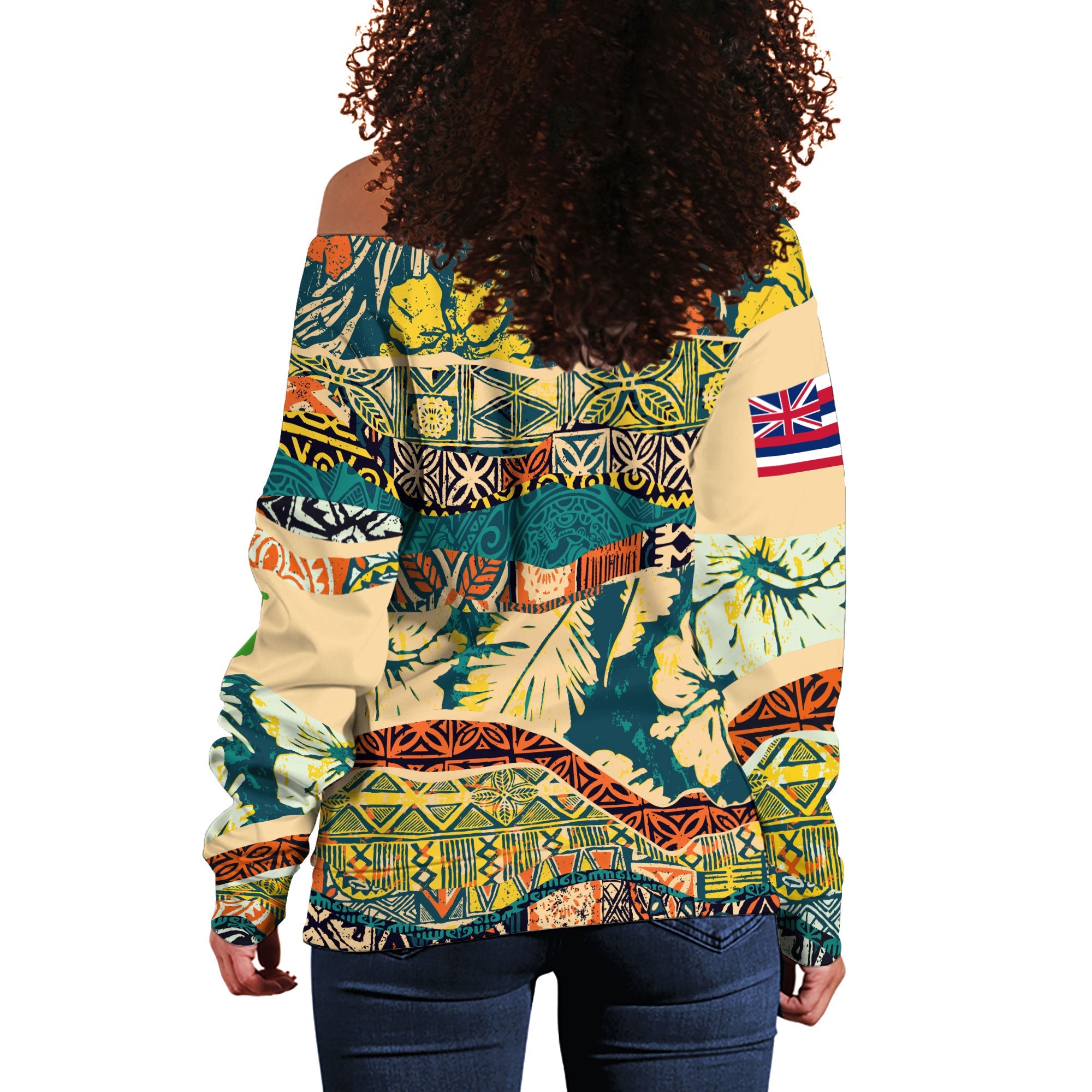 Hawaii Flag Women Off Shoulder Sweatshirt Coat Of Arm Style