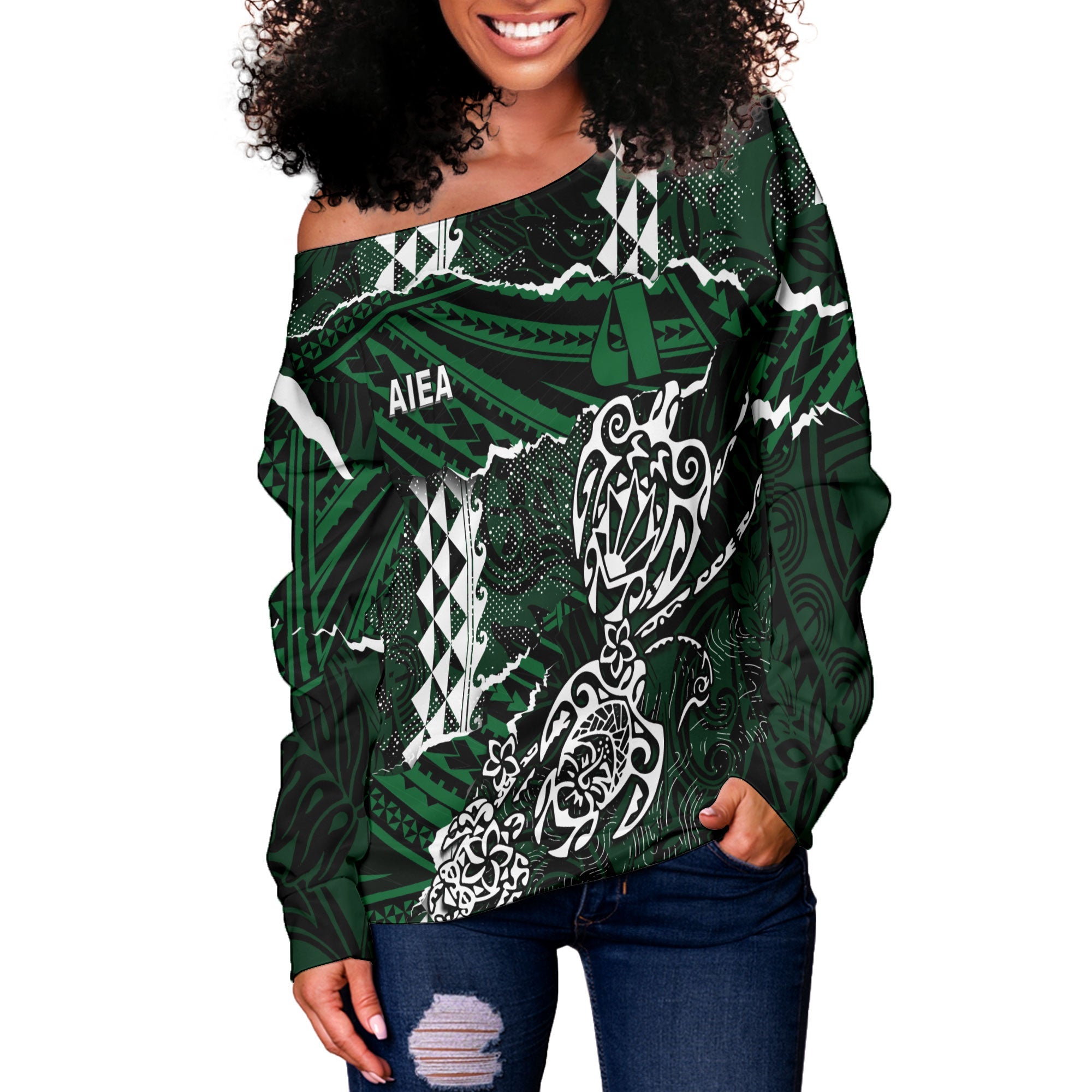 Hawaii Aiea High School Custom Women Off Shoulder Sweatshirt Polynesian Turtle Style