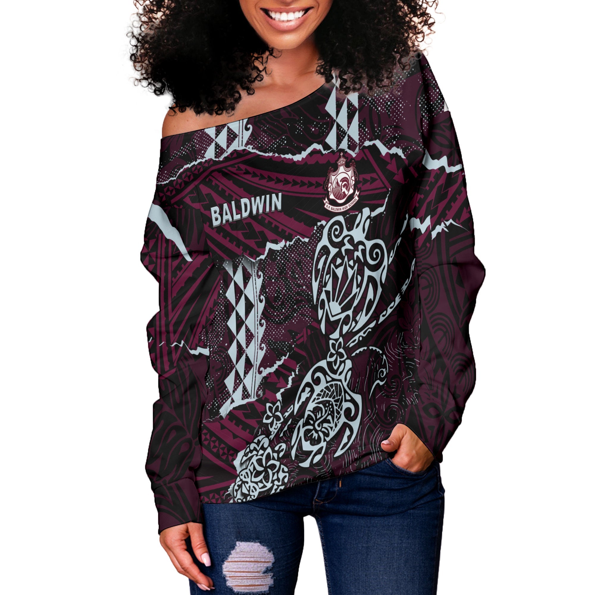 Hawaii Baldwin High School Custom Women Off Shoulder Sweatshirt Polynesian Turtle Style