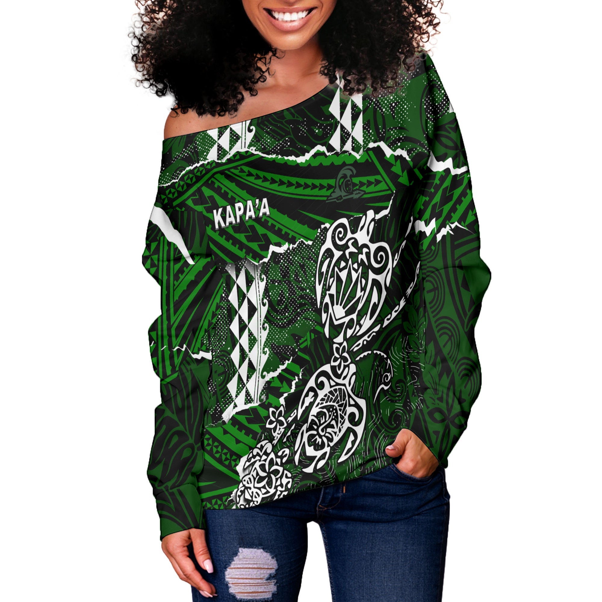 Hawaii Kapaa High School Custom Women Off Shoulder Sweatshirt Polynesian Turtle Style