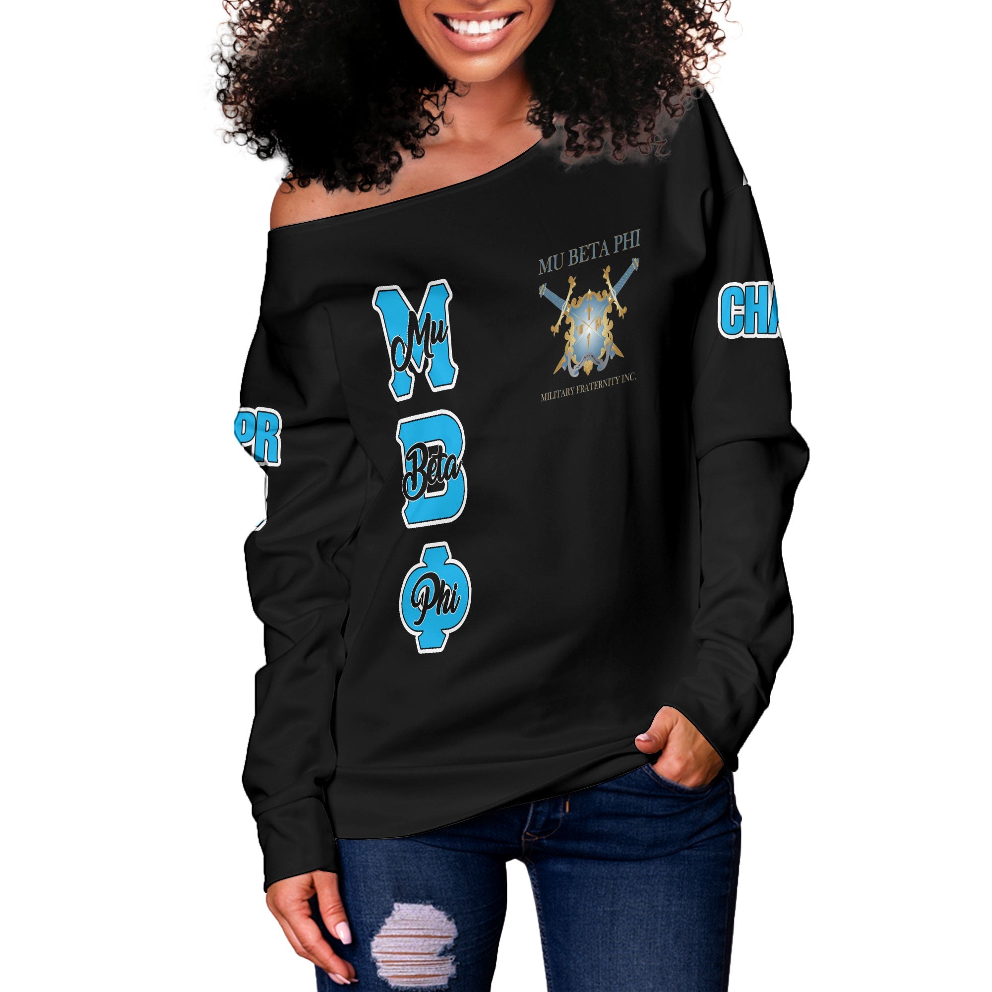 Fraternity Sweatshirt - Personalized Mu Beta Phi Women Off Shoulder Sweatshirt Original Dark Style