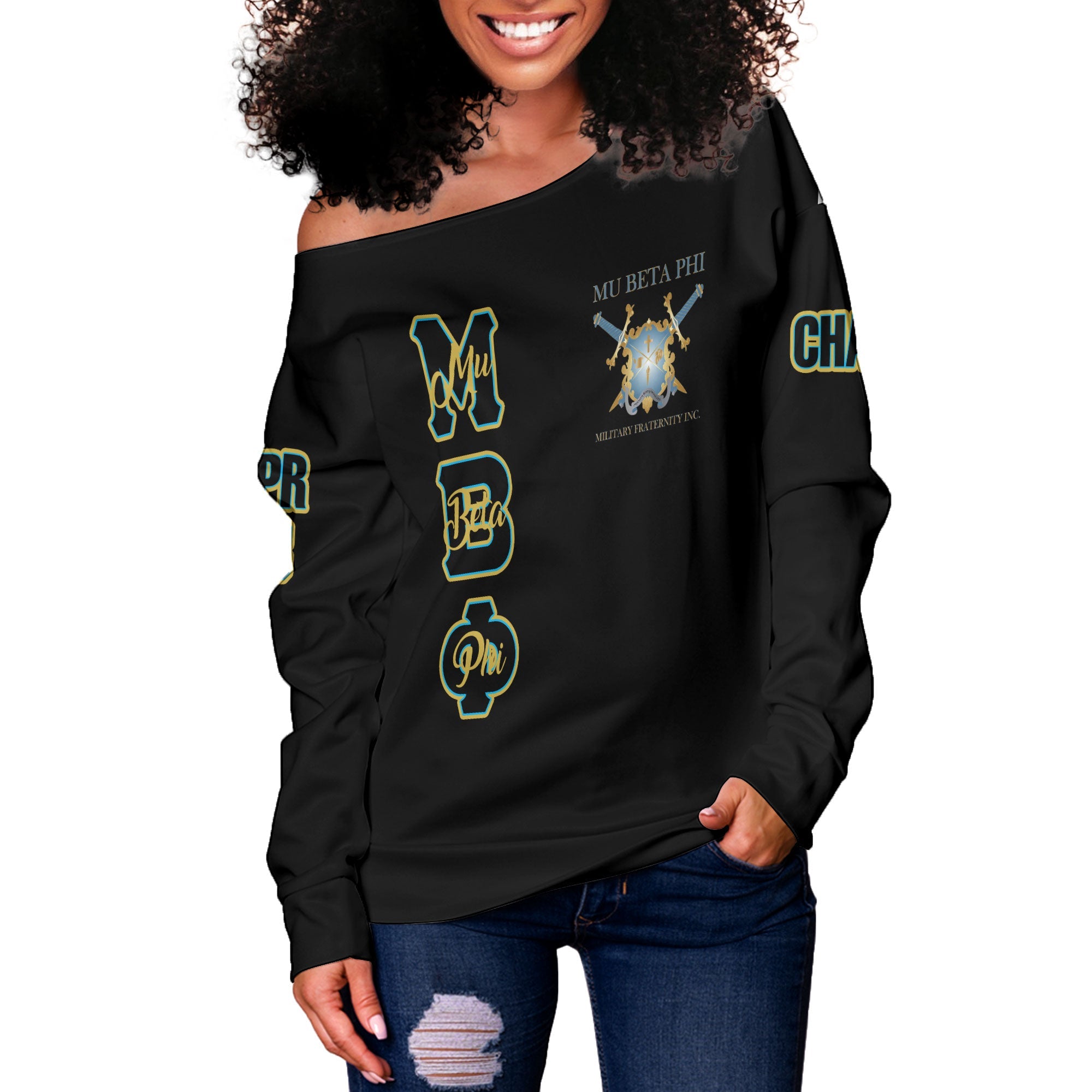 Fraternity Sweatshirt - Personalized Mu Beta Phi Women Off Shoulder Sweatshirt Original Black Style