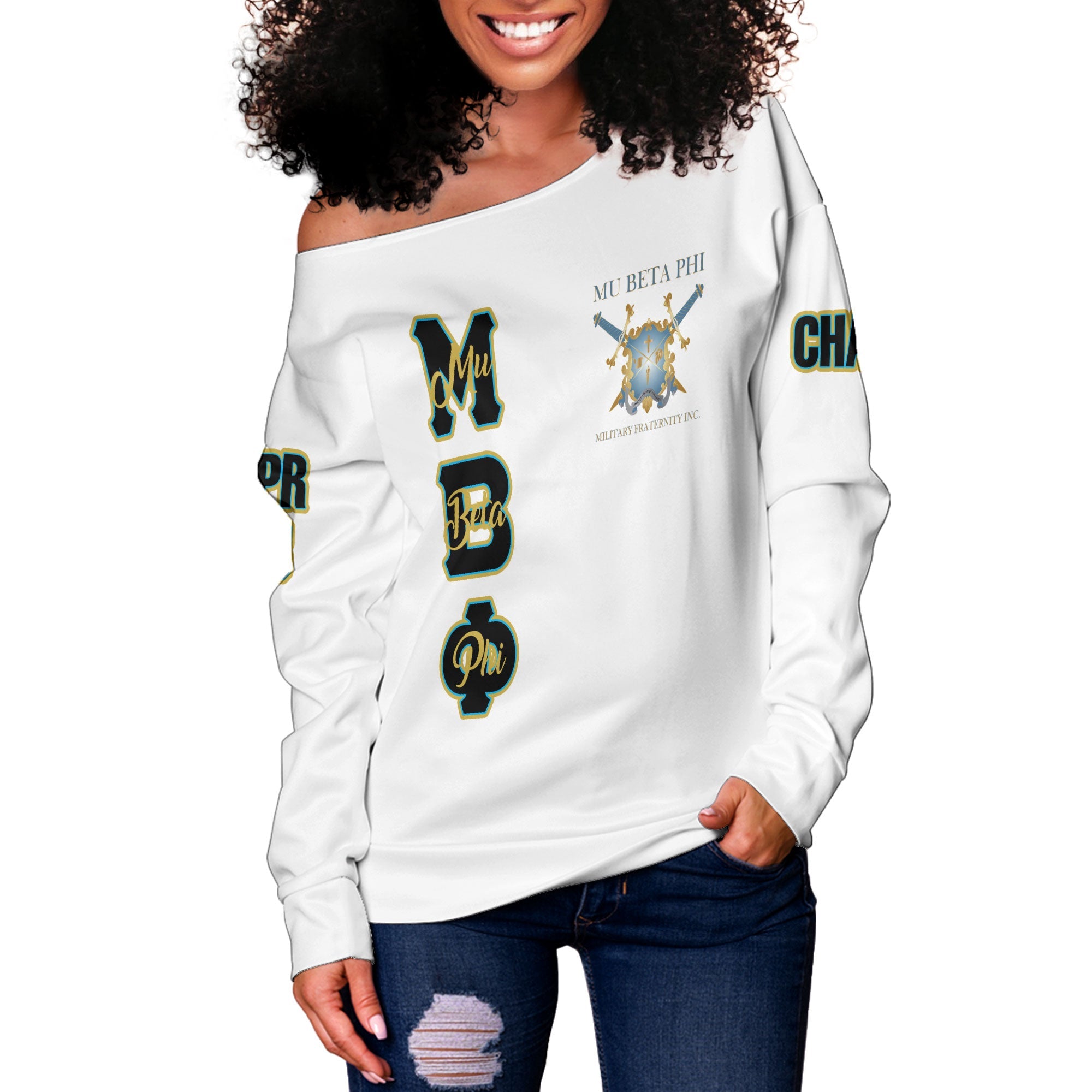 Fraternity Sweatshirt - Personalized Mu Beta Phi Women Off Shoulder Sweatshirt Original White Style