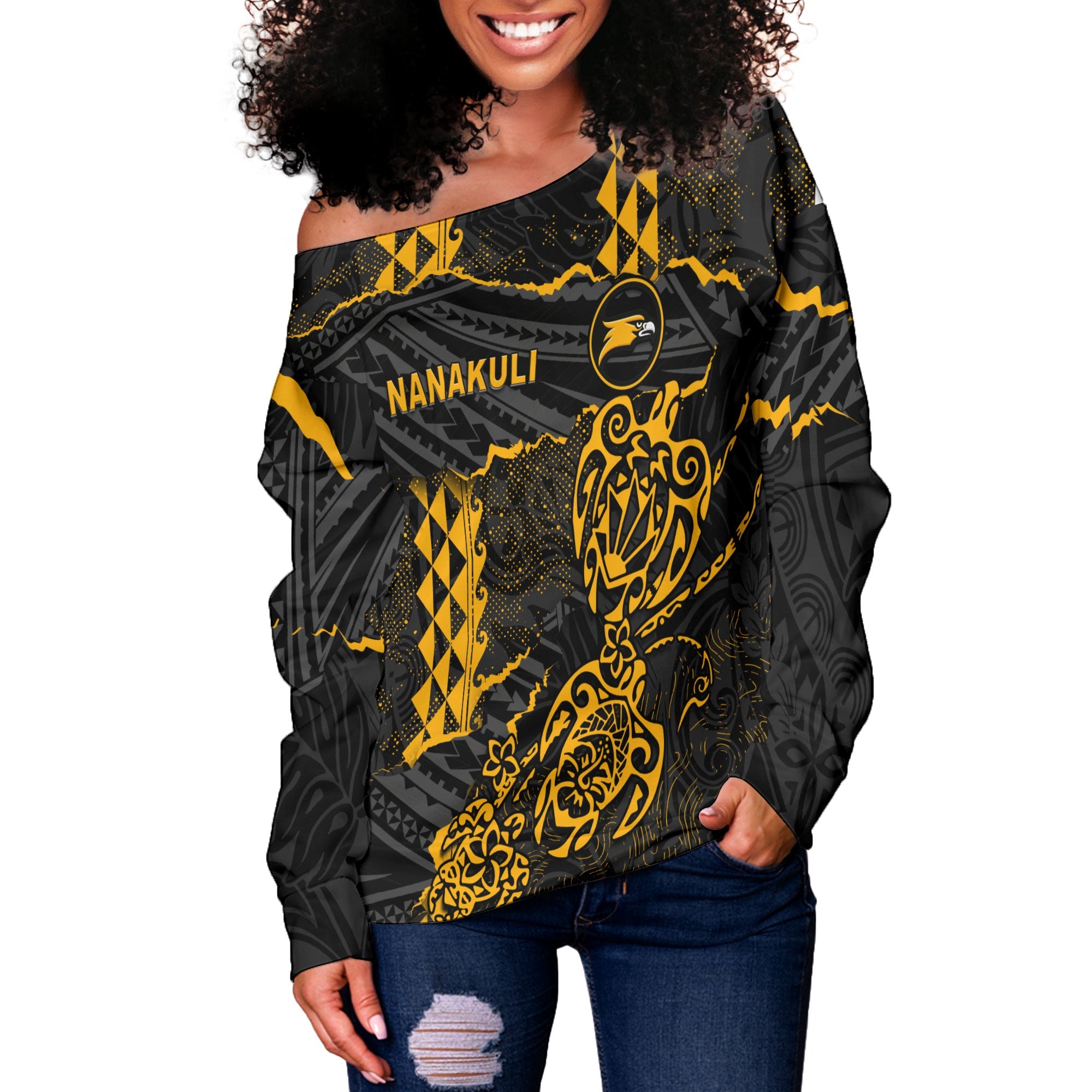 Hawaii Nanakuli High School Custom Women Off Shoulder Sweatshirt Polynesian Turtle Style