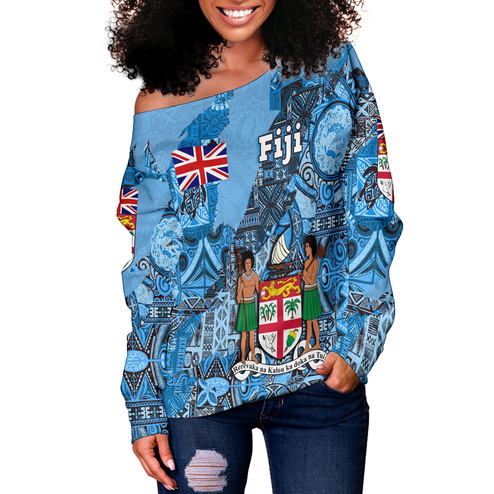 Fiji Flag & Coat Of Arms Women Off Shoulder Sweatshirt