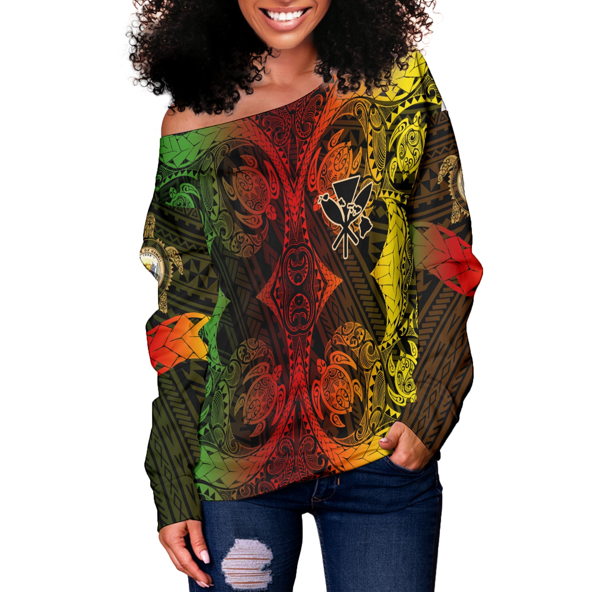 Kanaka Maoli Hawaii Women Off Shoulder Sweatshirt Reggae Style