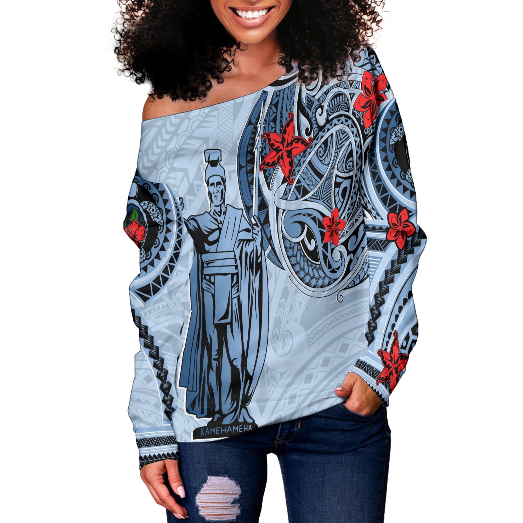 Custom King Kamehameha Hawaiian Women Off Shoulder Sweatshirt Sea Green Plumeria Style