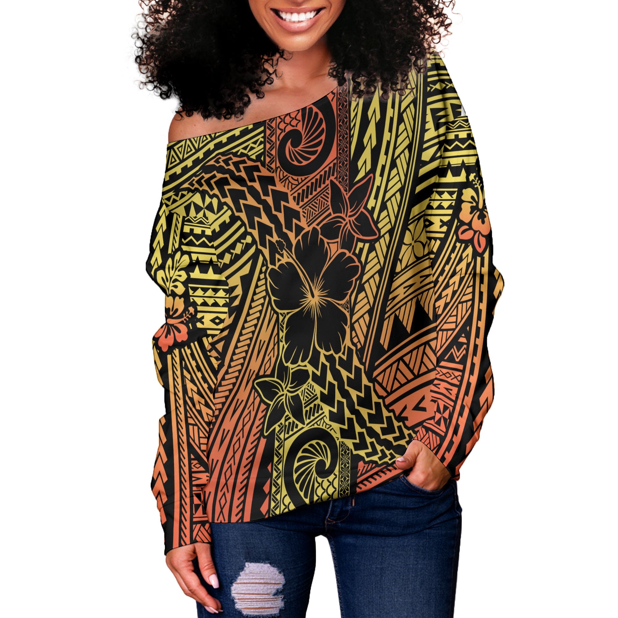 Hawaiian Reggae Women Off Shoulder Sweatshirt Polynesian Hibiscus Style