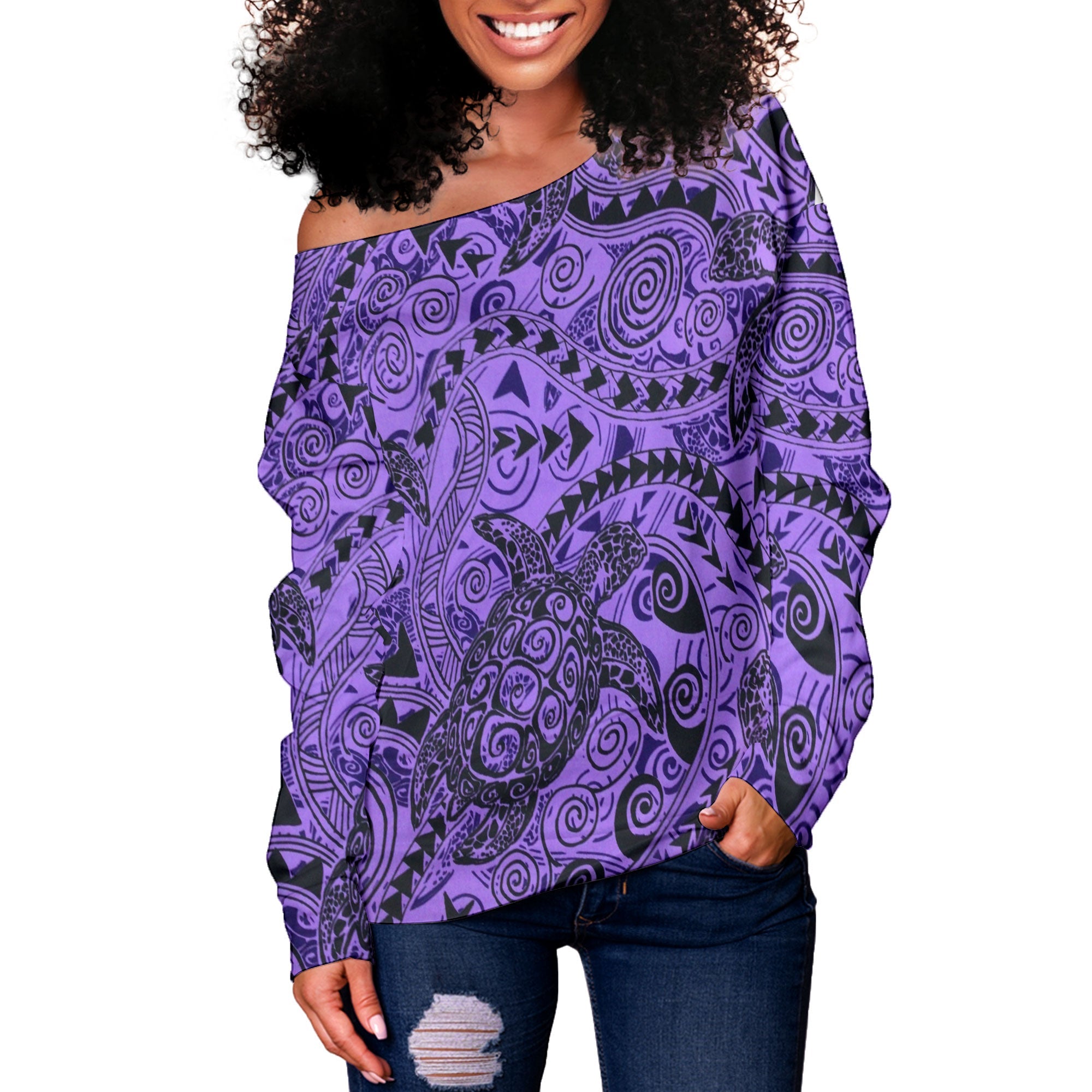 Hawaii Polynesian Turtle Women Off Shoulder Sweatshirt Purple Style