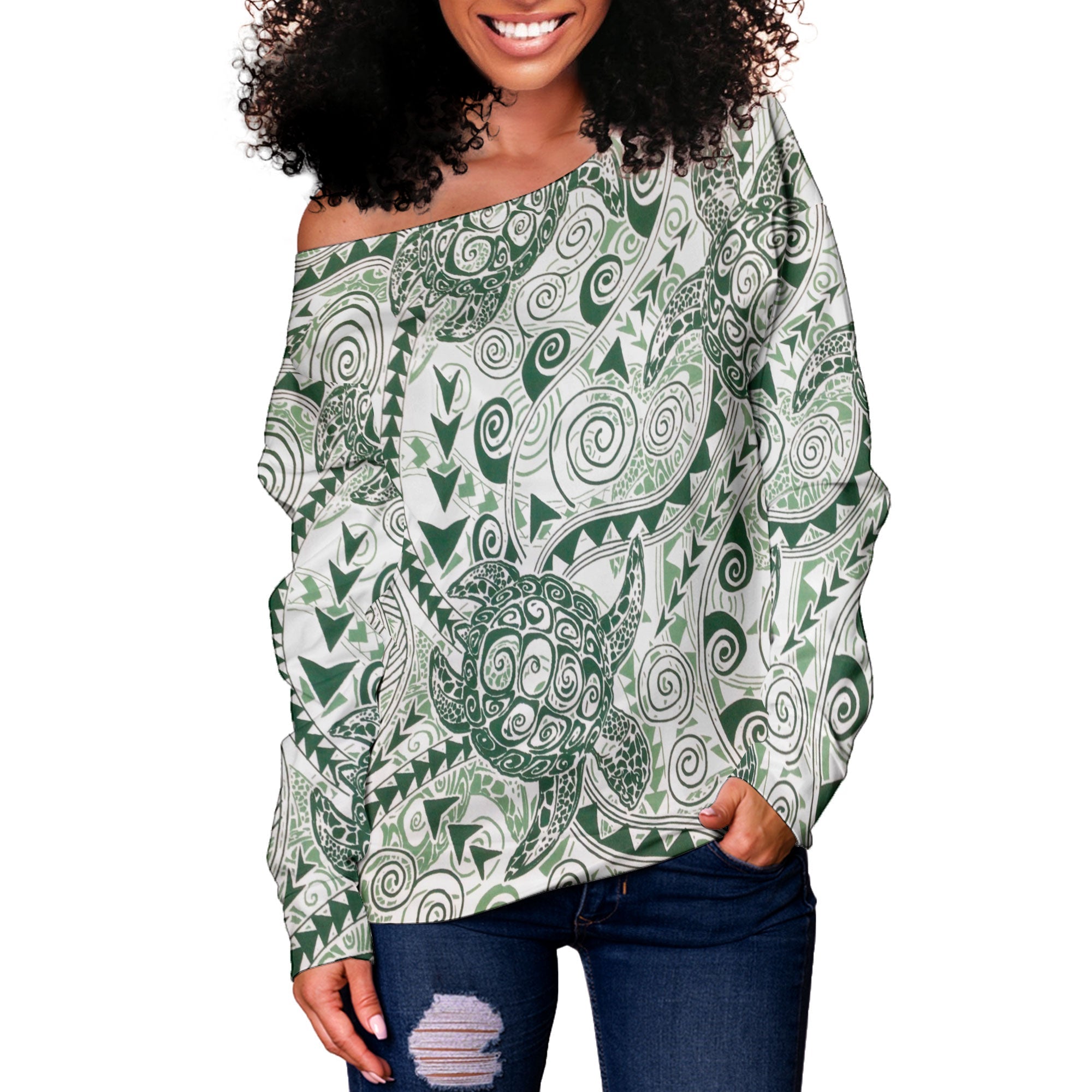 Hawaii Polynesian Turtle Women Off Shoulder Sweatshirt Green Style