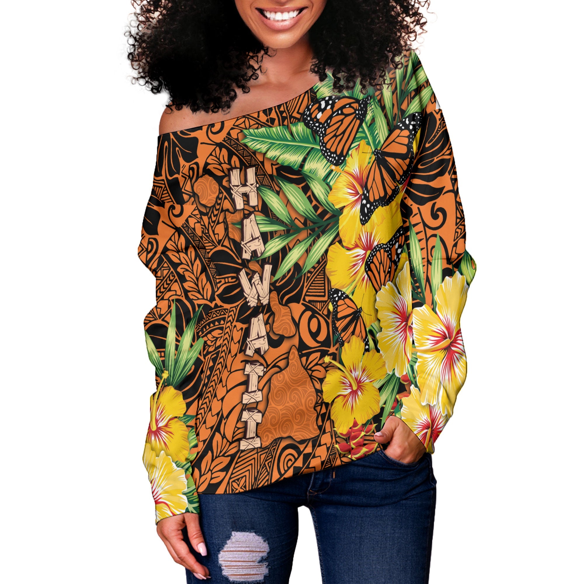 Hawaii Women Off Shoulder Sweatshirt Kamehameha Butterfly Tropical Style