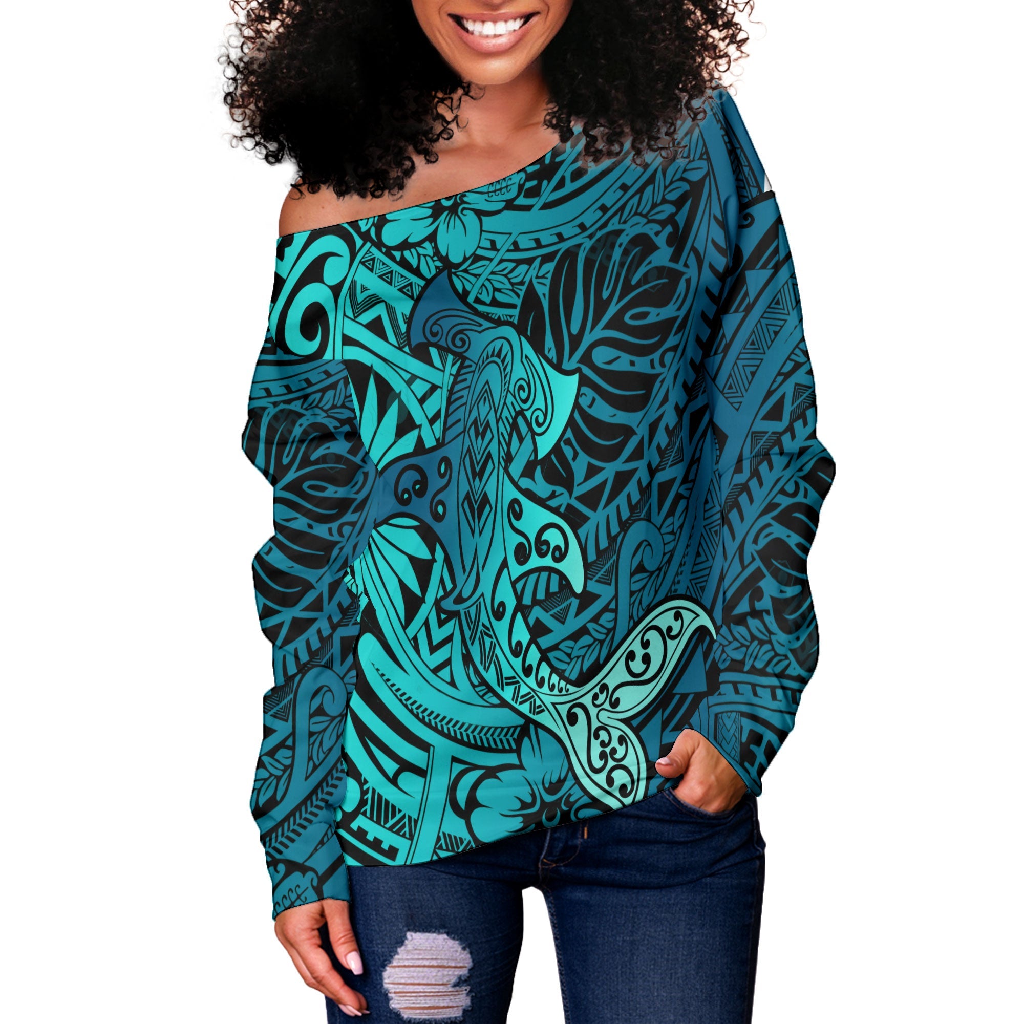 Hawaii Hammerhead Shark Women Off Shoulder Sweatshirt Light See Blue Style