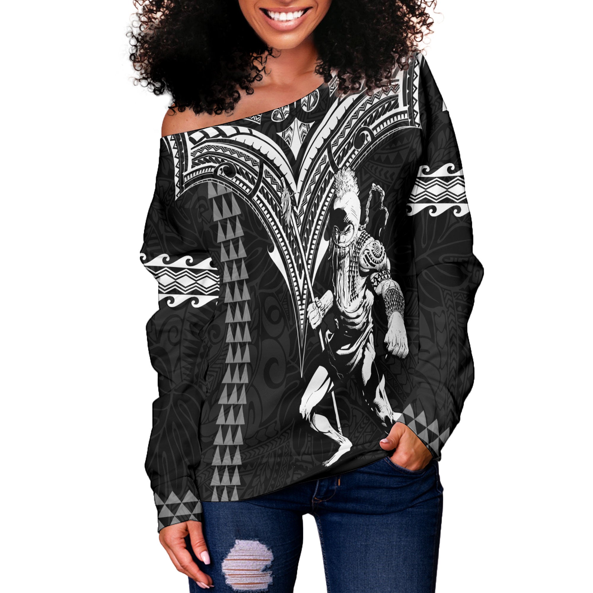 Custom Hawaii Ikaika Warrior Women Off Shoulder Sweatshirt Polynesian Tattoo Style