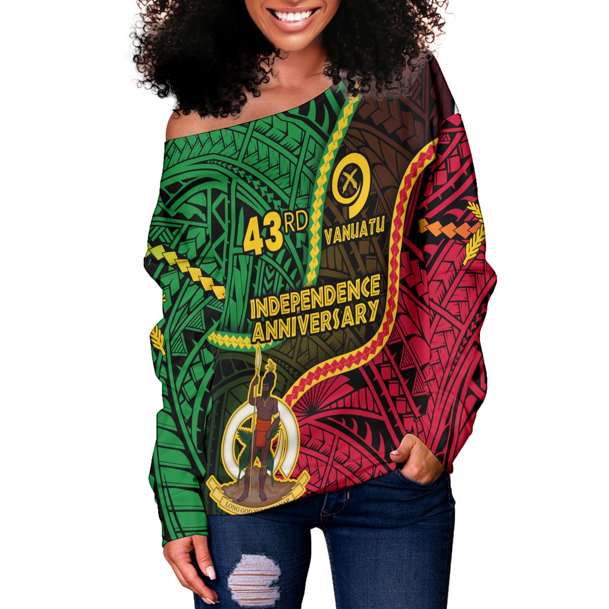 Vanuatu Women Off Shoulder Sweatshirt Independence Day 43rd Anniversary Style