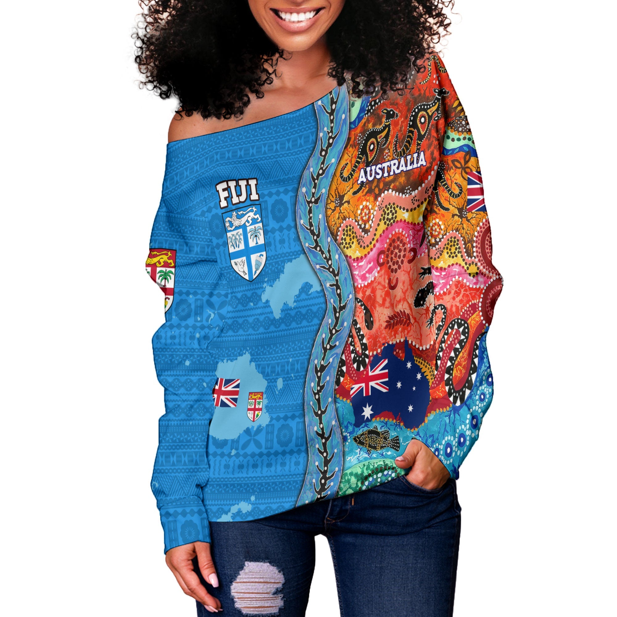 Custom Fiji Tapa & Australia Aboriginal Women Off Shoulder Sweatshirt