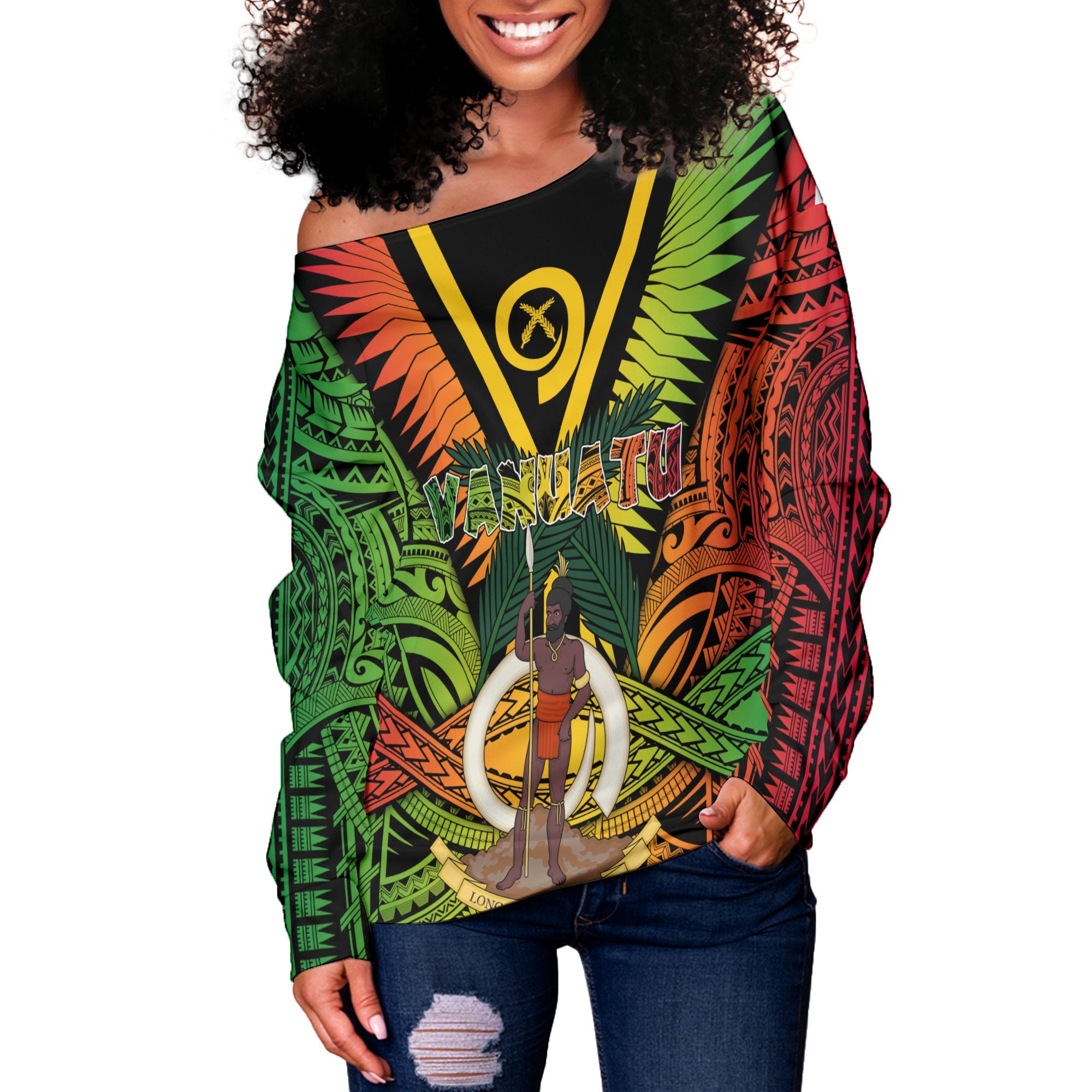 Vanuatu Women Off Shoulder Sweatshirt Coat Of Arms Reggae Style